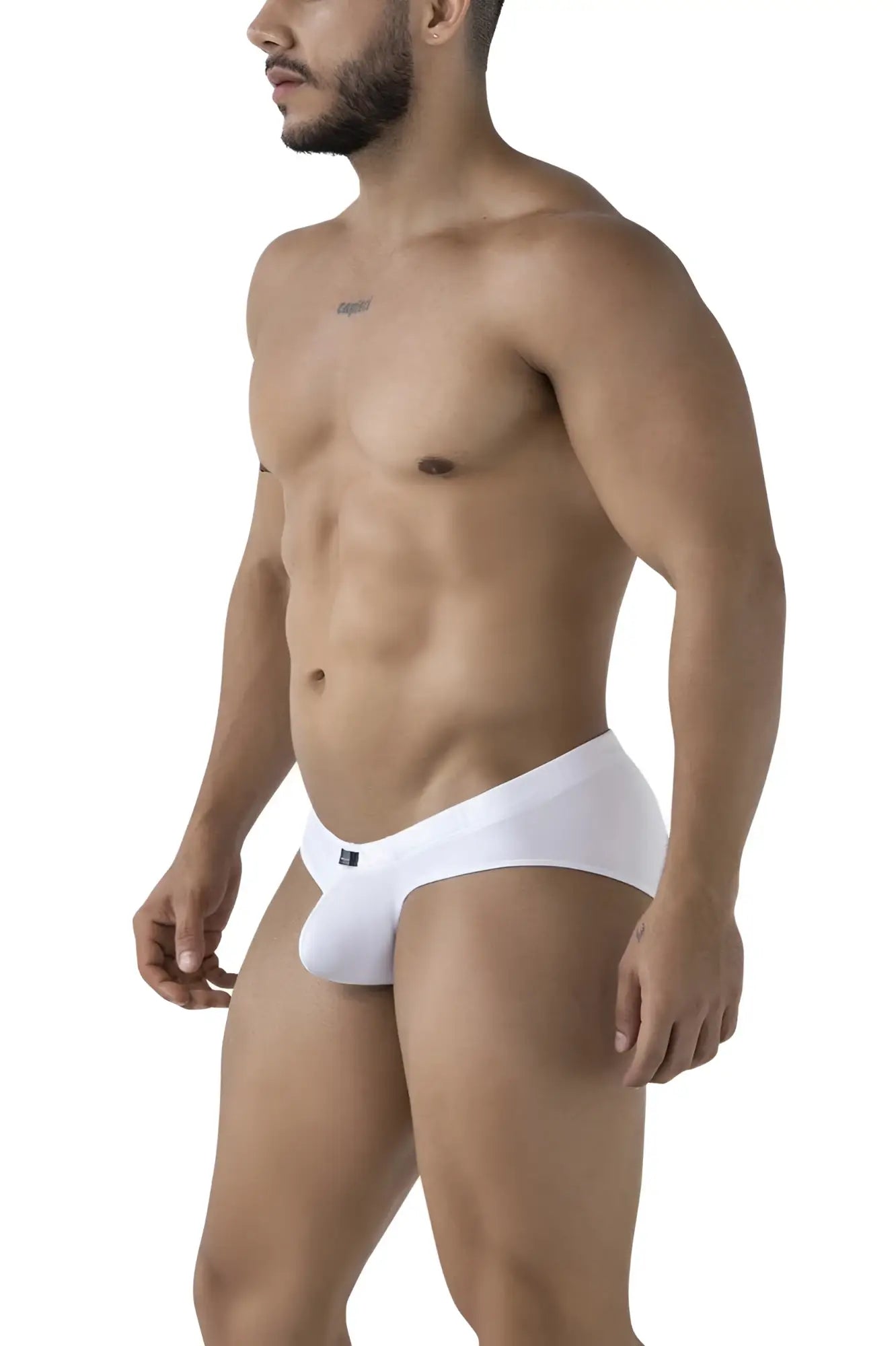 White xtremen 91207b microfiber briefs with sleek form fitting design and small black logo on the left hip