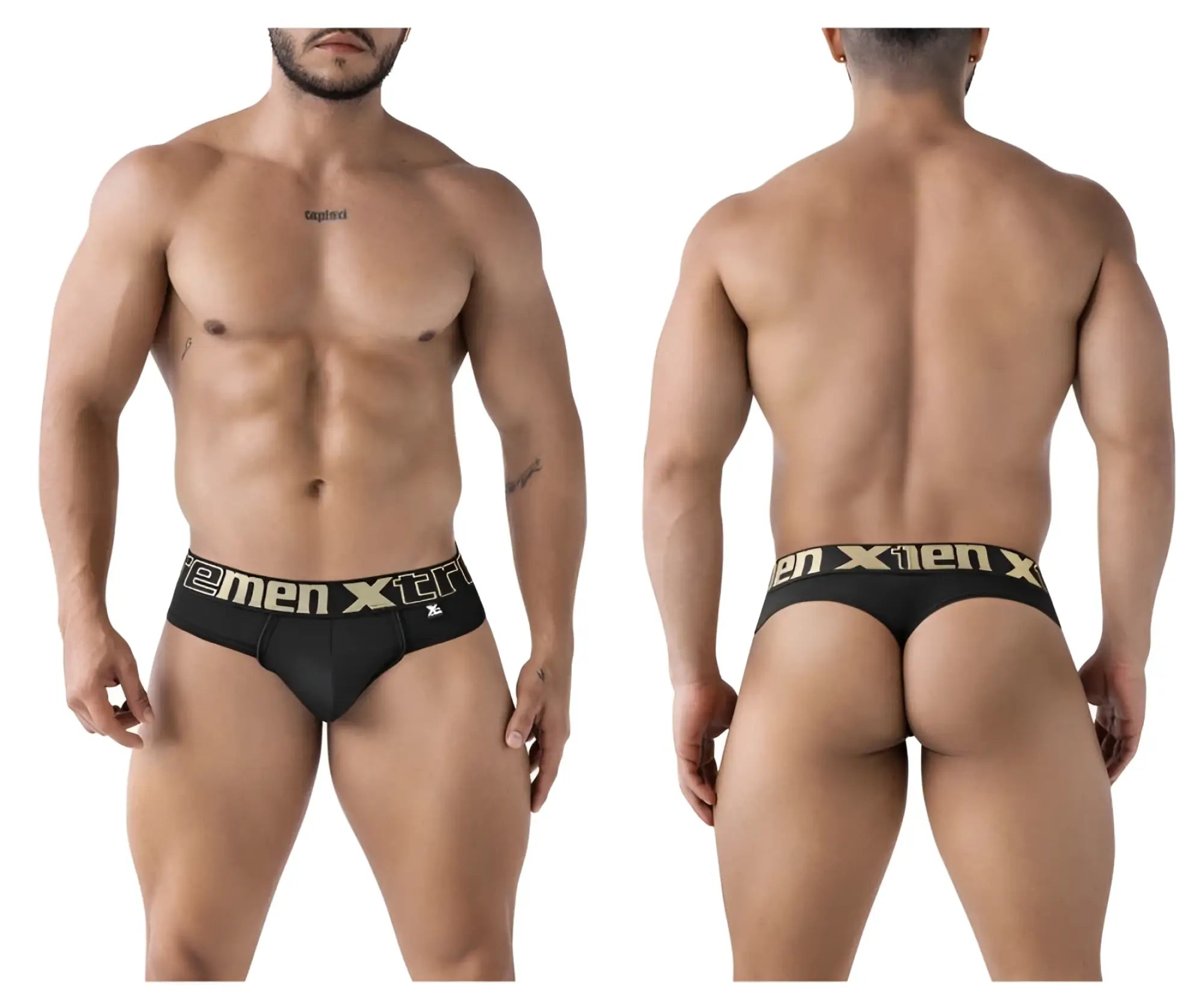 Black xtremen 91208b microfiber thongs with gold men xtr branding and small logo on the waistband