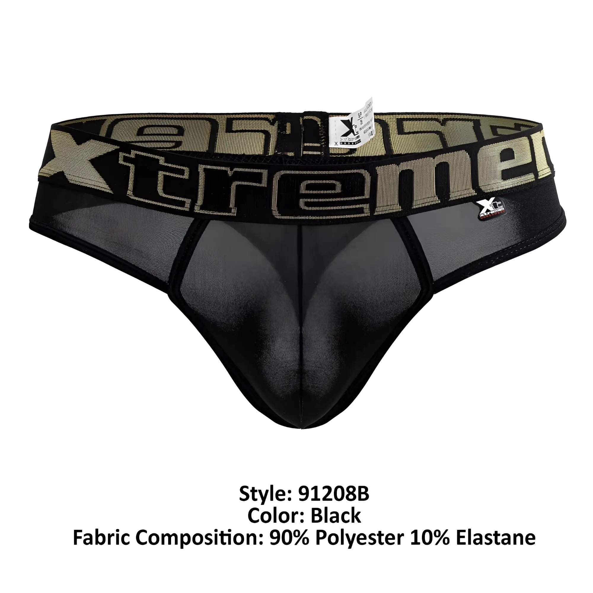 Black mesh microfiber briefs with bold olive green and black xtreme logo band xtremen 91208b micro thongs