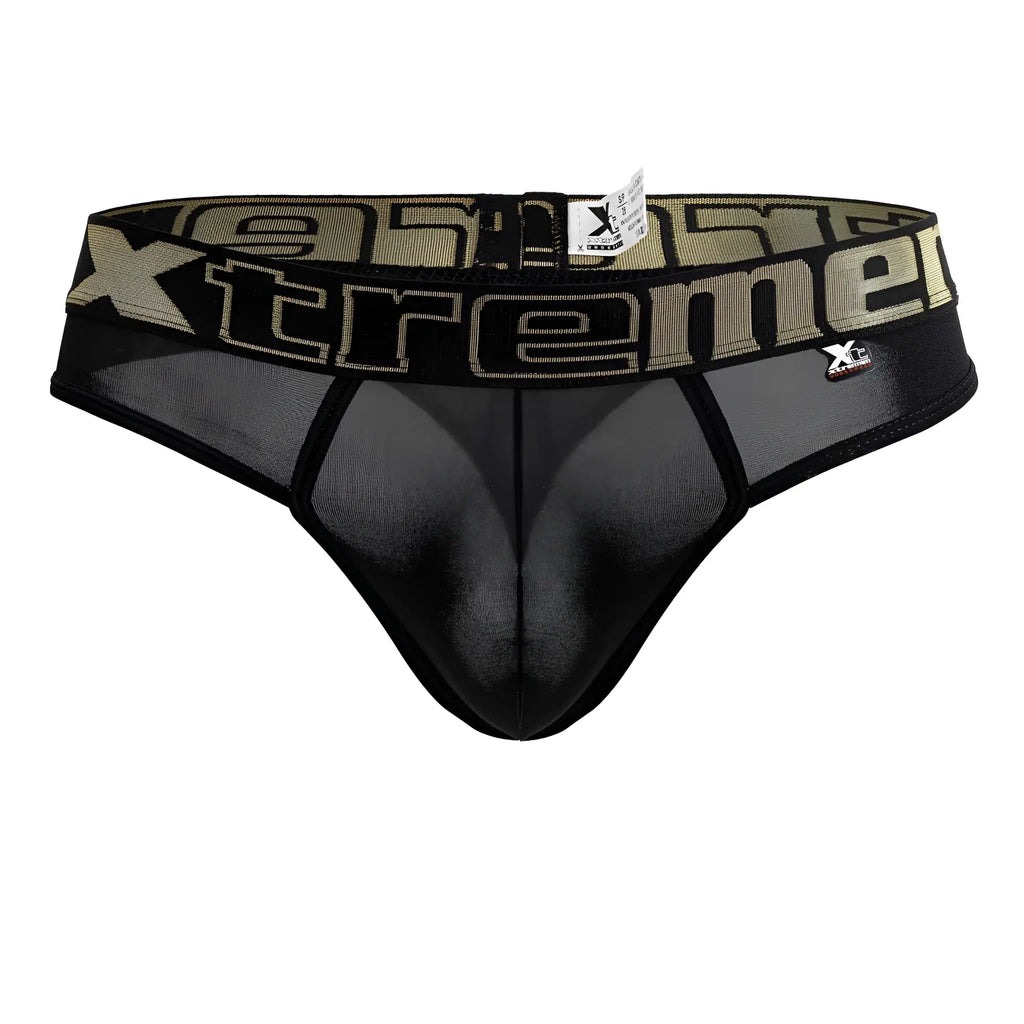 Black mesh microfiber thong with wide waistband featuring olive green xtreme lettering and branding front view