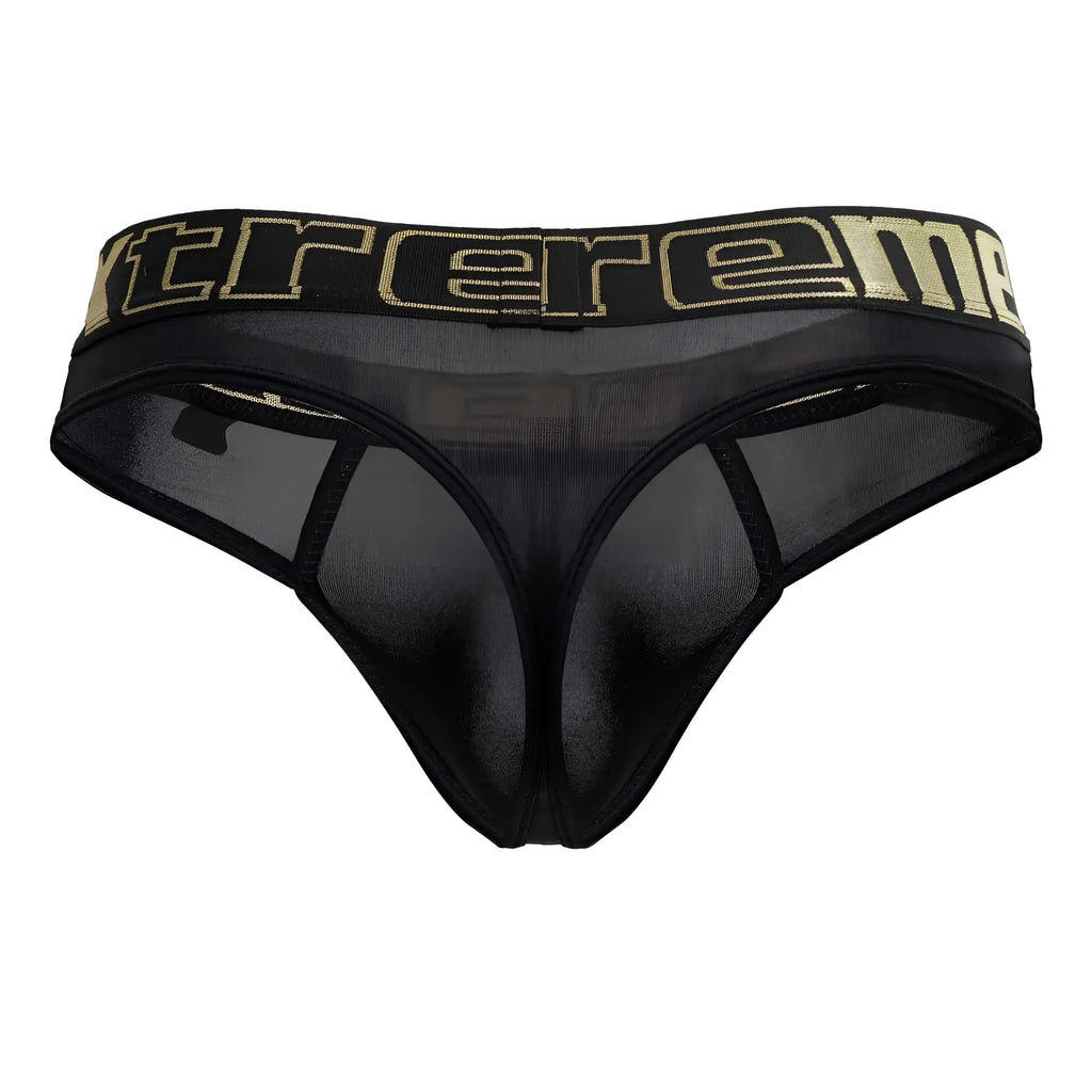 Black Xtremen 91208B microfiber thong with mesh fabric and wide waistband featuring gold extreme lettering