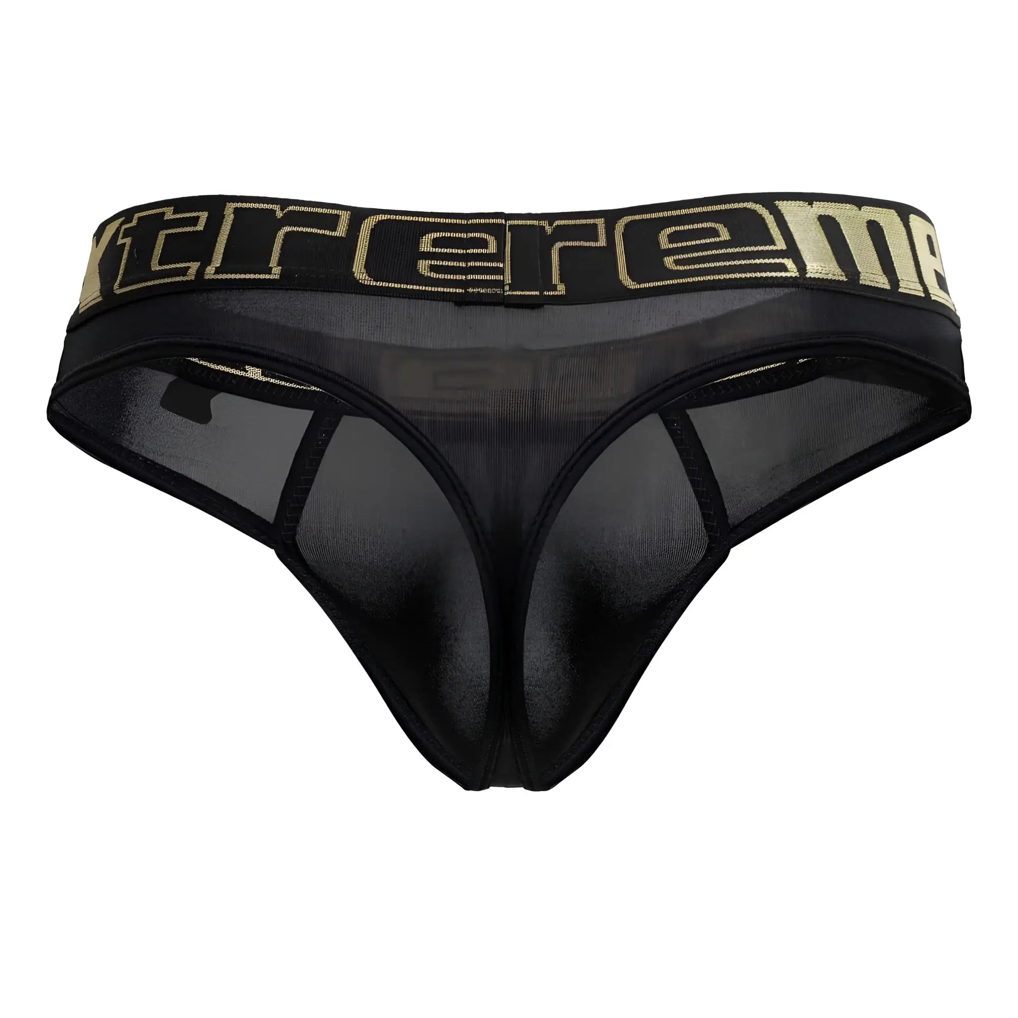 Black Xtremen 91208B microfiber thong with mesh fabric and wide waistband featuring gold extreme lettering