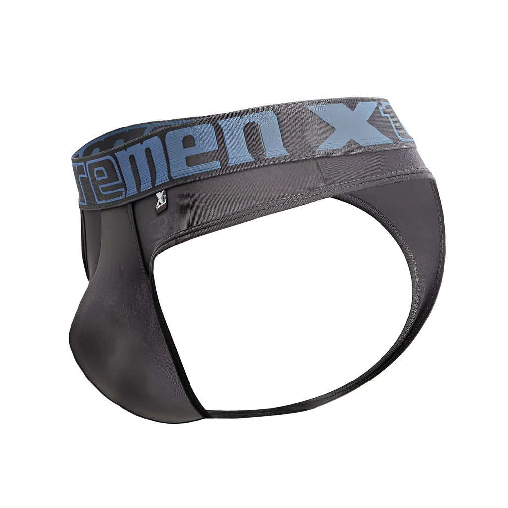 Black men’s microfiber briefs in gray with a gray waistband featuring the extreme x logo in blue