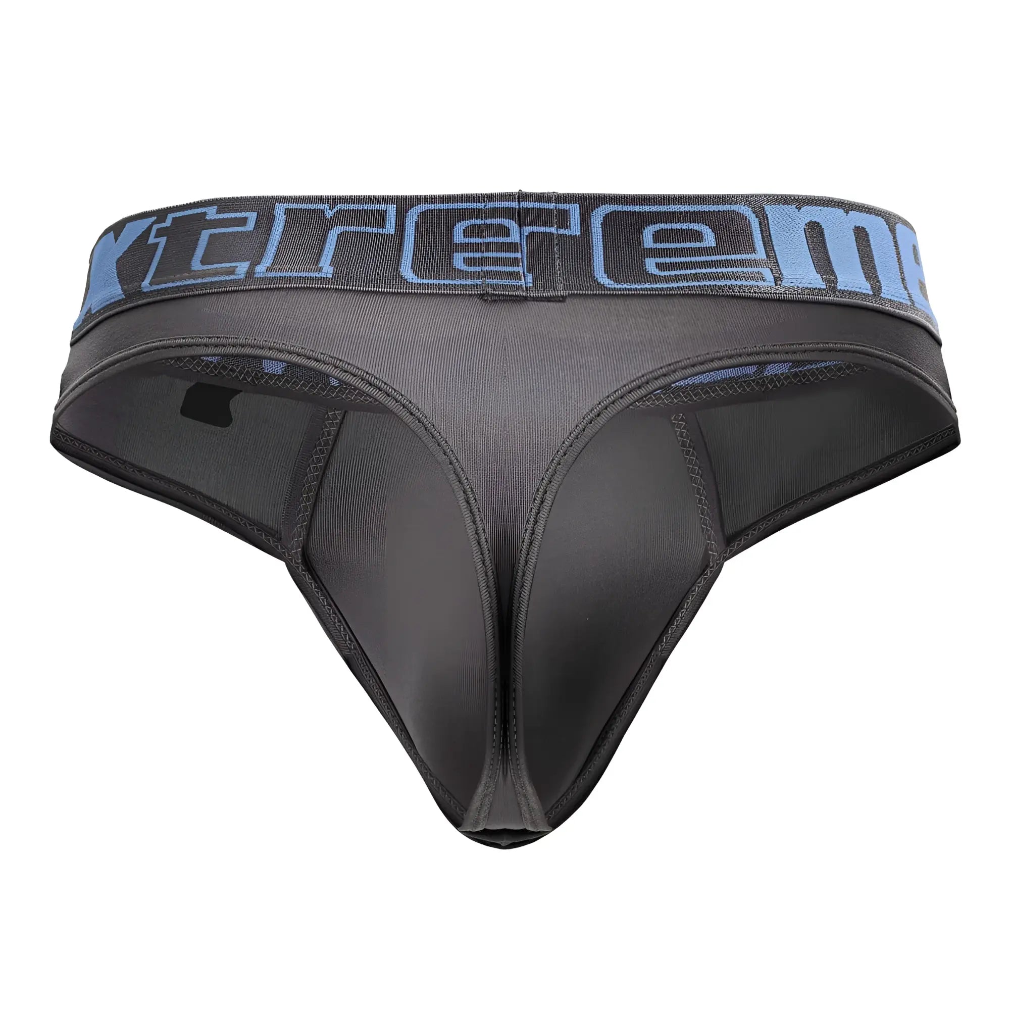 Gray microfiber black thong showing the back side with a blue and gray extreme logo on the waistband