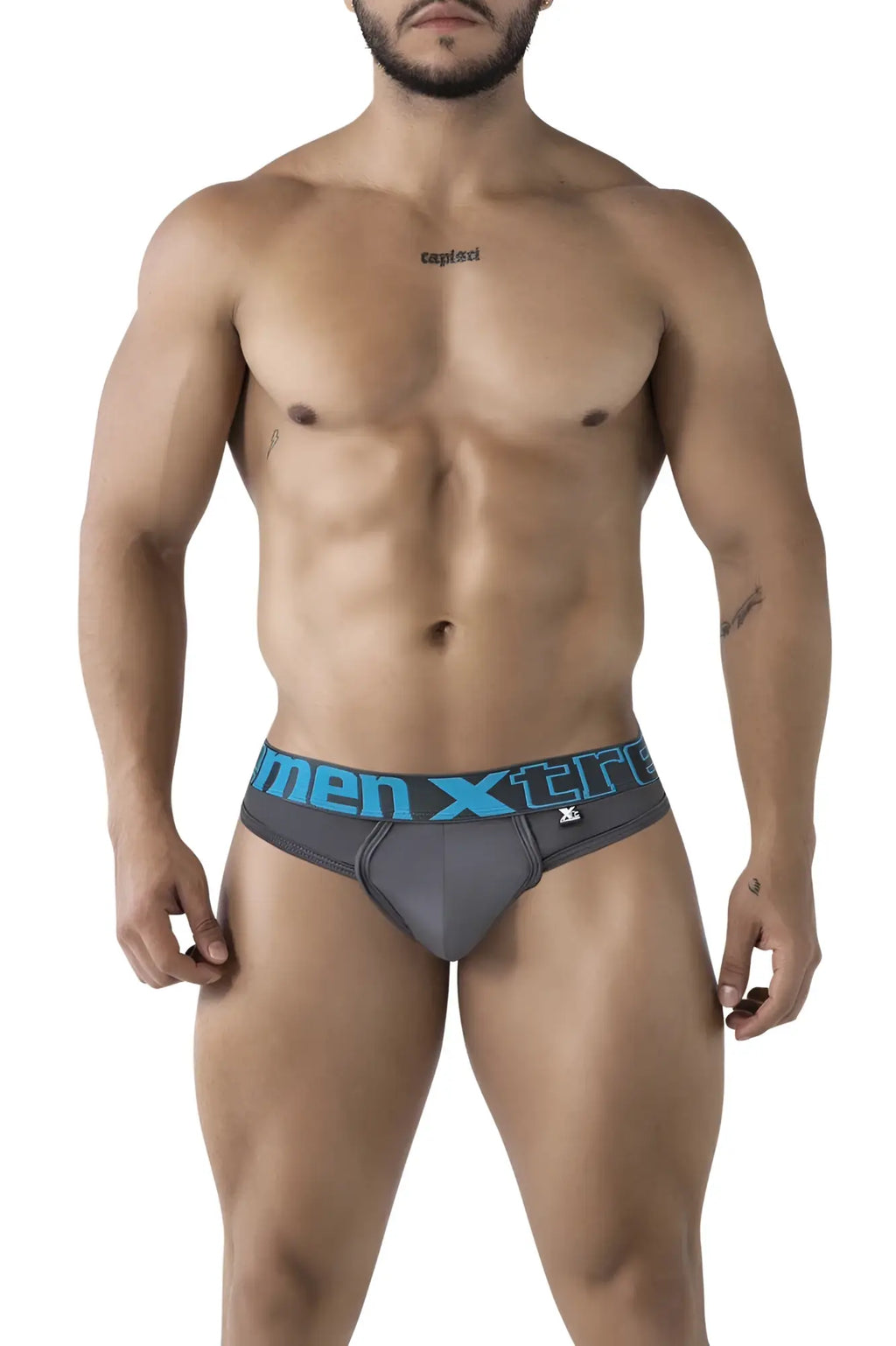 Gray xtremen 91208b microfiber men’s briefs with blue men xtre waistband and small side logo