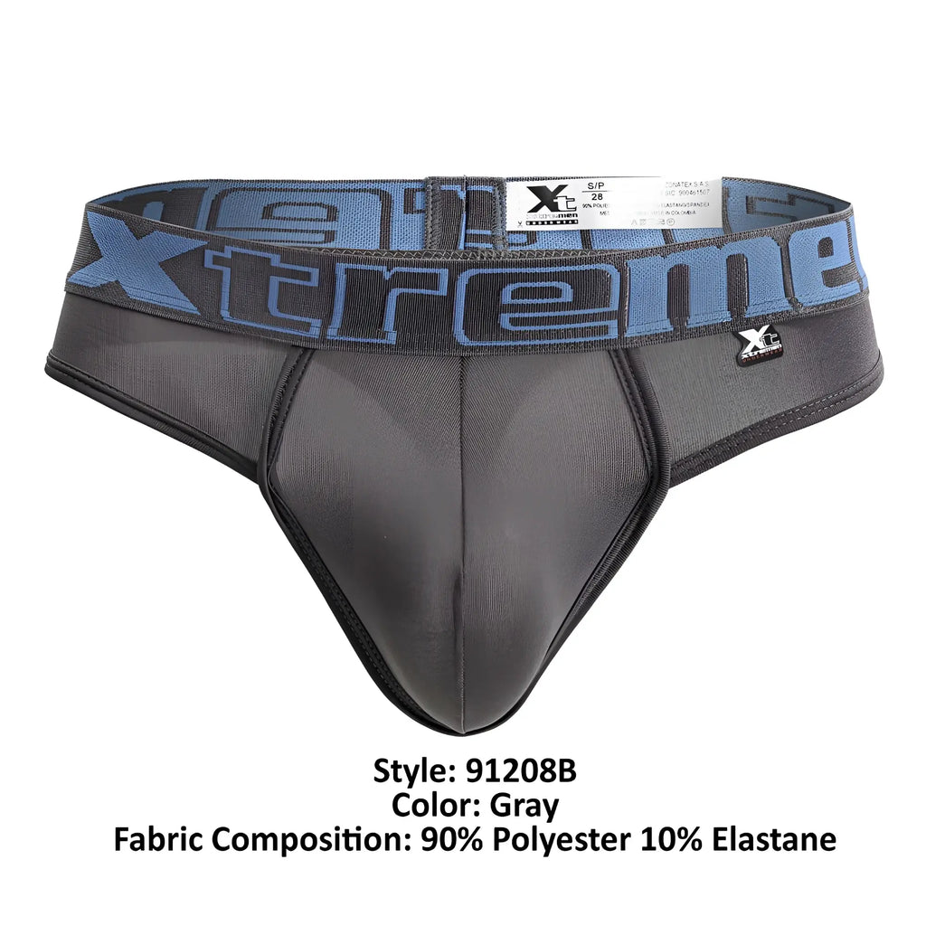Gray men’s thong with blue and black xtreme branded waistband made of 90 polyester and 10 elastane microfiber