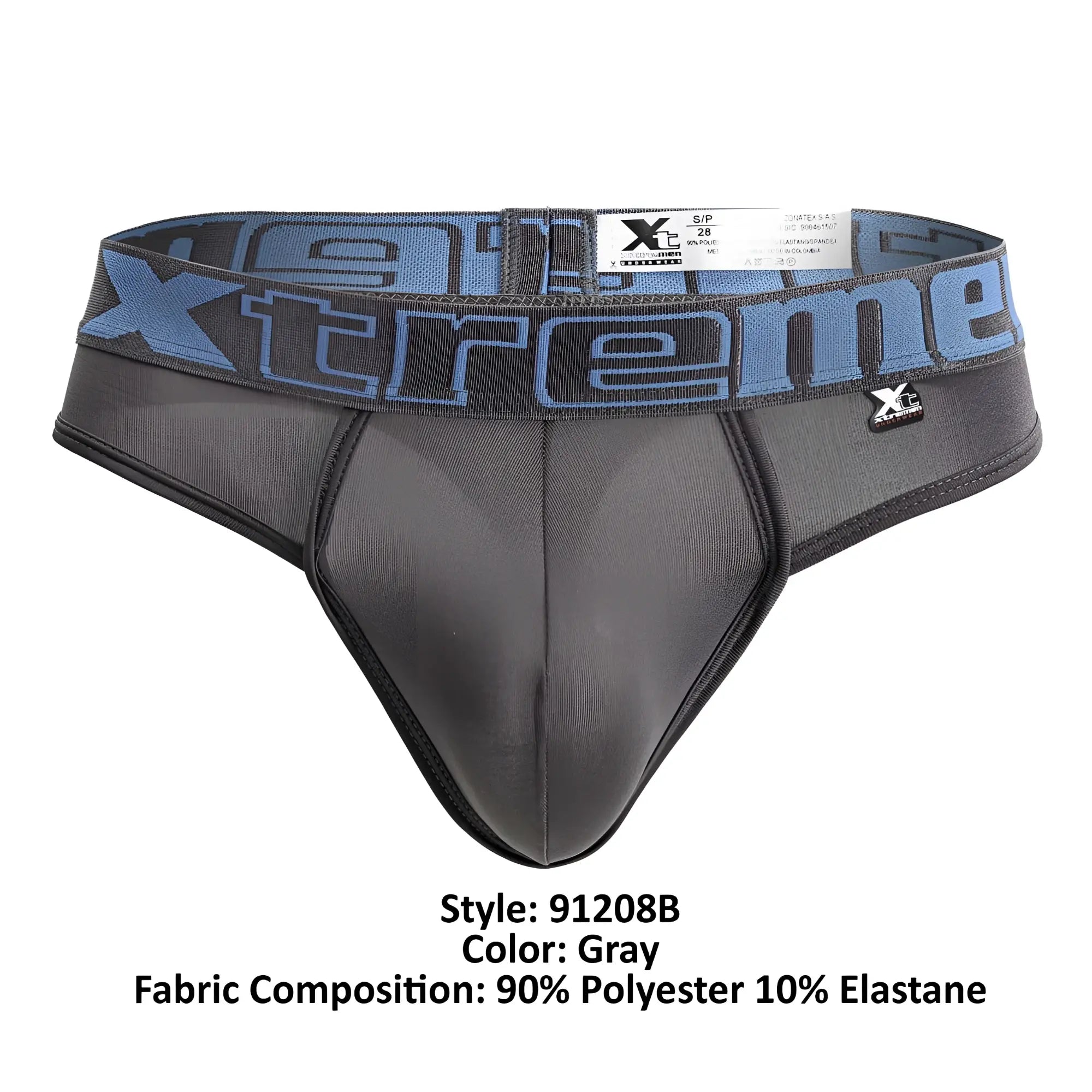 Gray men’s thong with blue and black xtreme branded waistband made of 90 polyester and 10 elastane microfiber