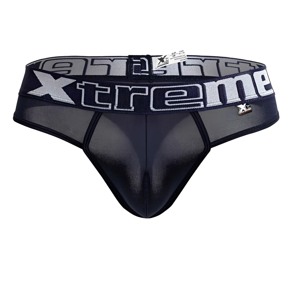 Black and gray mesh briefs with bold xtreme logo on waistband microfiber thongs navy color front view