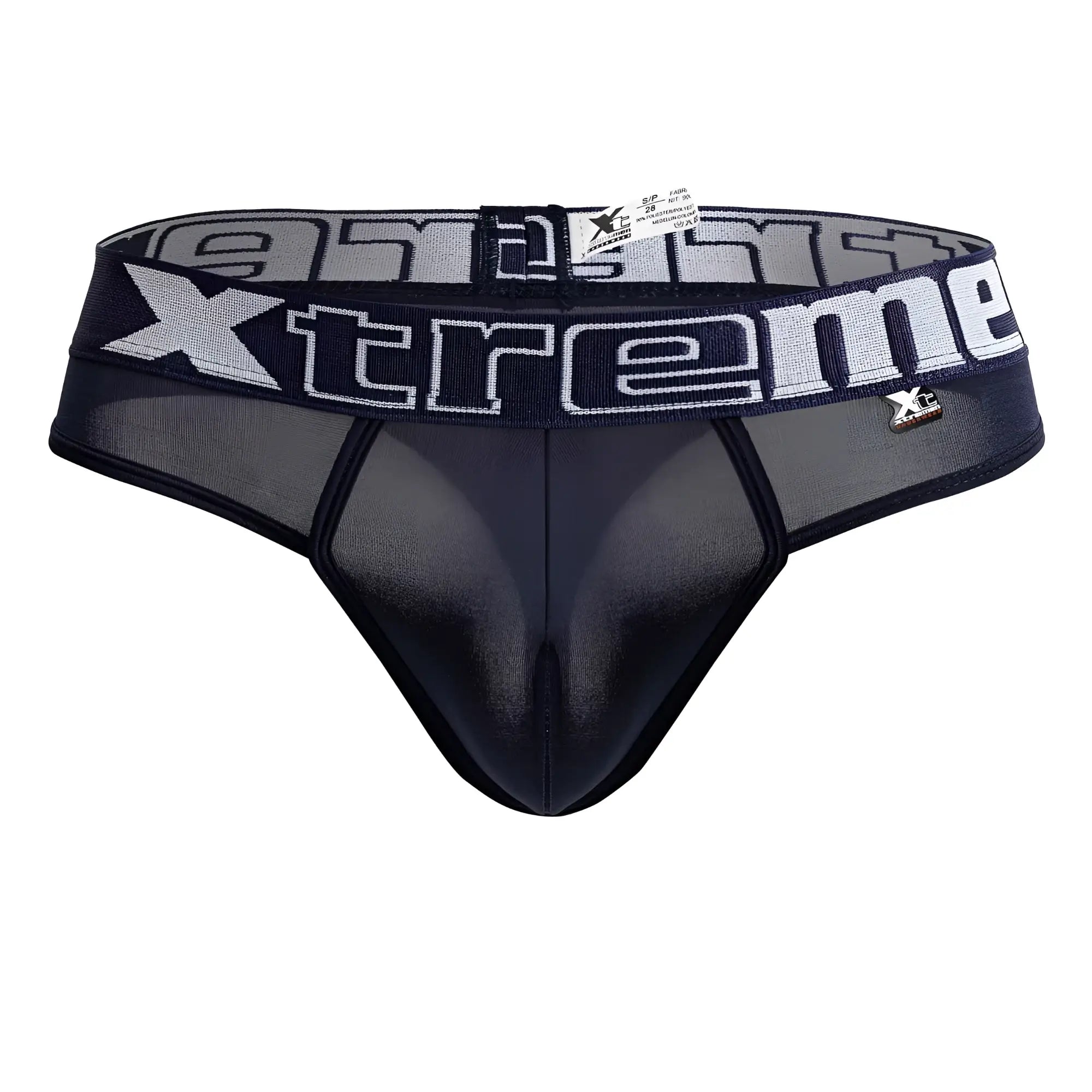 Black and gray mesh briefs with bold xtreme logo on waistband microfiber thongs navy color front view