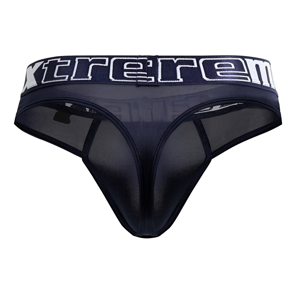 Black sheer mesh microfiber thong with wide xtreme waistband in navy from Xtremen 91208B collection