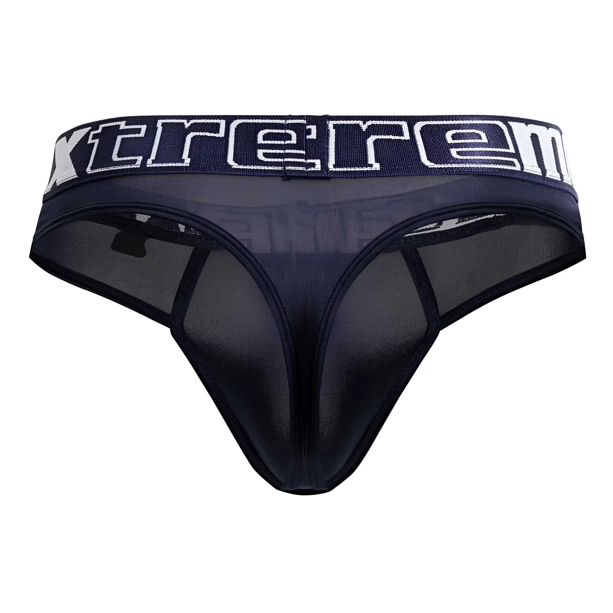 Black sheer mesh microfiber thong with wide xtreme waistband in navy from Xtremen 91208B collection