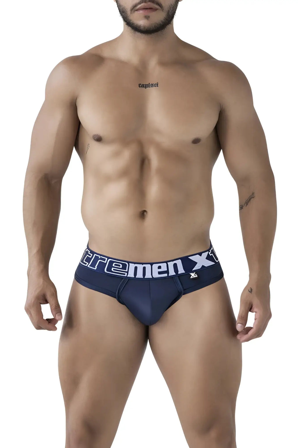 Navy xtremen 91208b microfiber men’s briefs with white and gray xtremen x branded waistband