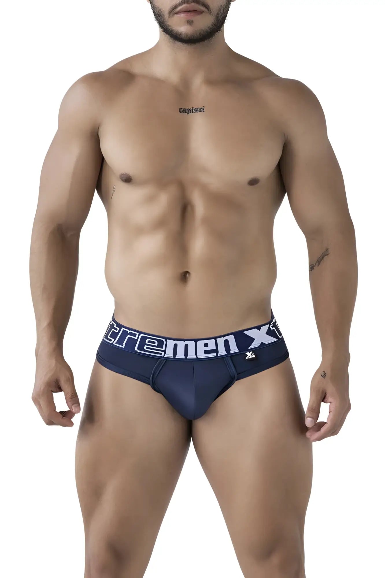 Navy xtremen 91208b microfiber men’s briefs with white and gray xtremen x branded waistband