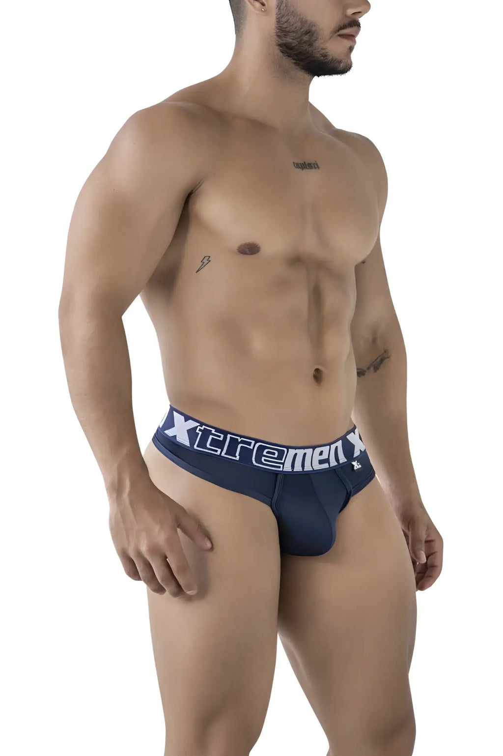 Navy blue xtremen 91208b microfiber men’s briefs with white waistband lettering shown from the back side