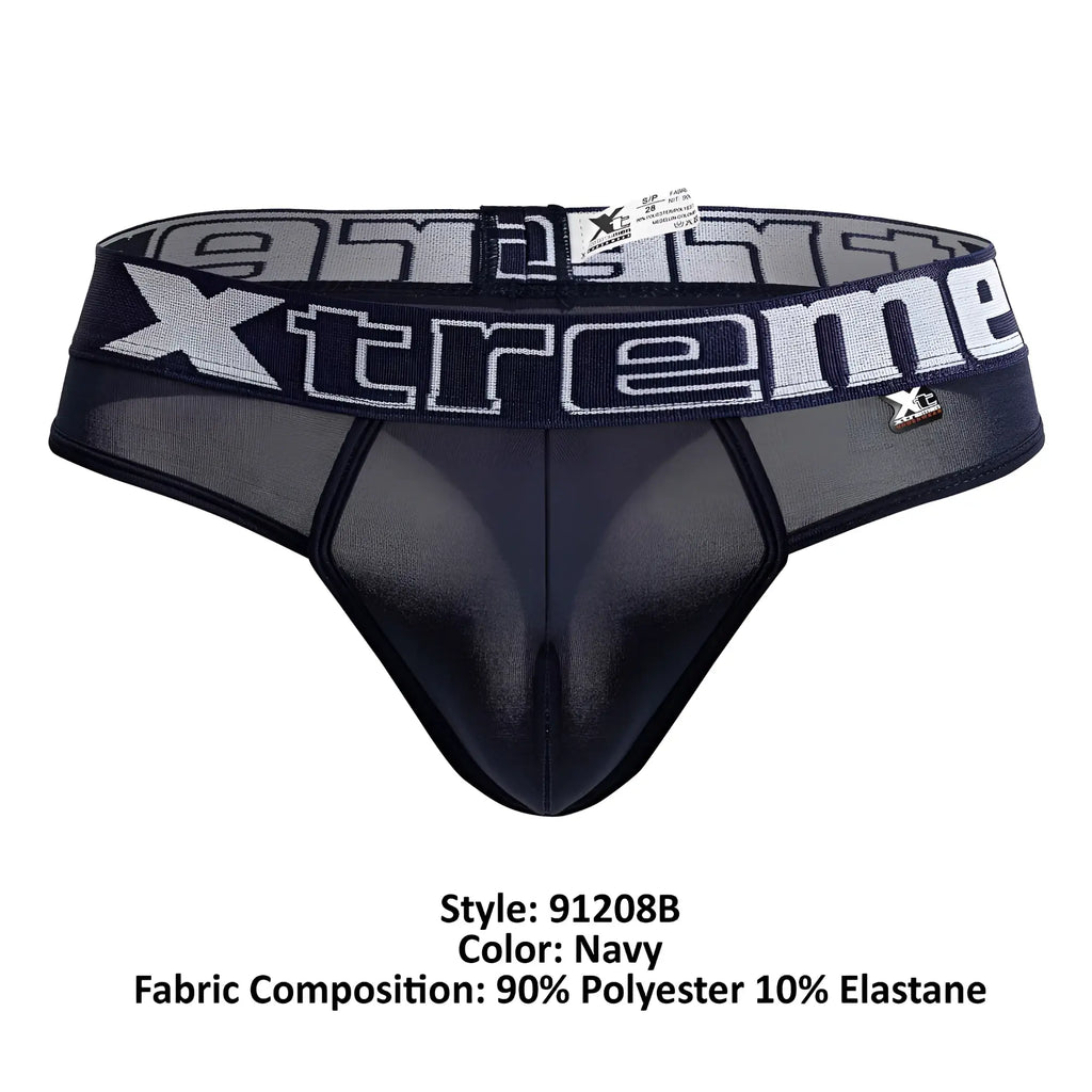 Navy xtremen 91208b microfiber thongs for men with mesh front and elastic waistband featuring silver xtreme logo