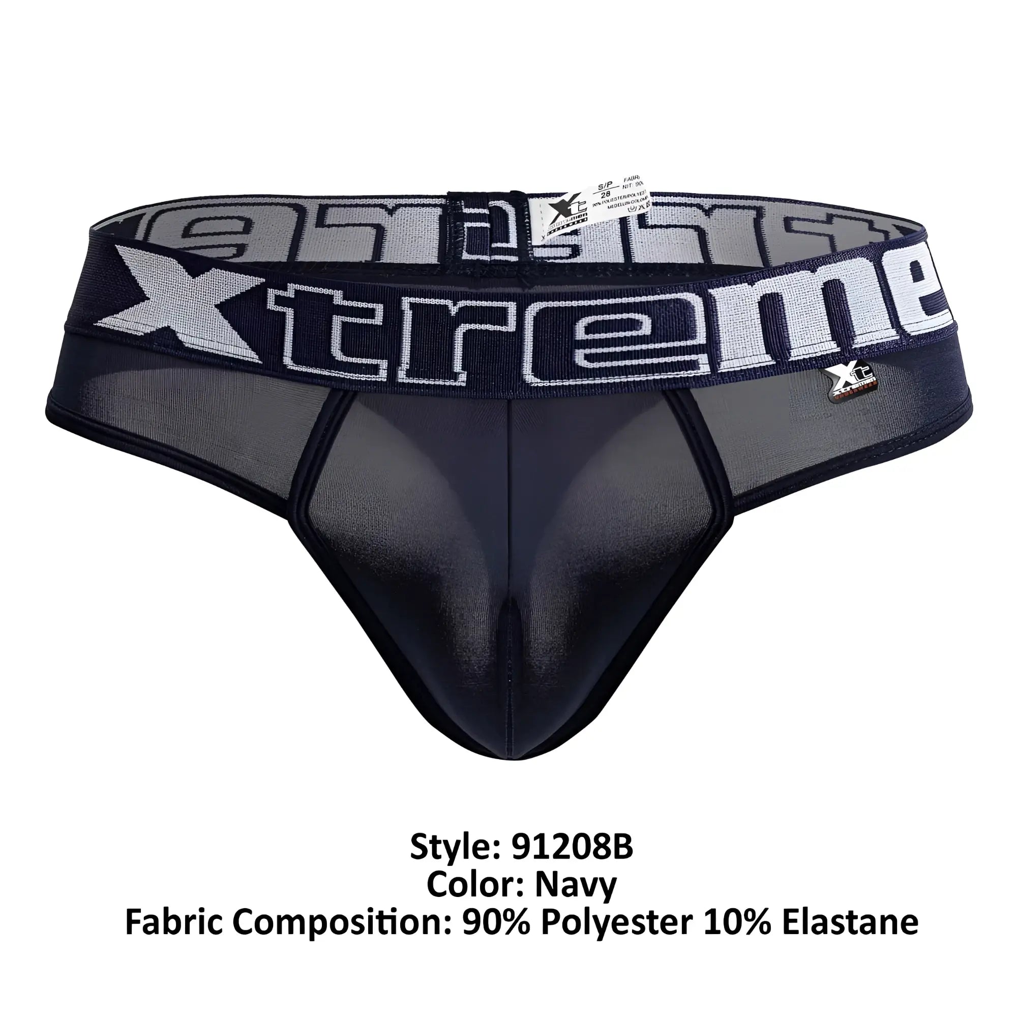 Navy xtremen 91208b microfiber thongs for men with mesh front and elastic waistband featuring silver xtreme logo