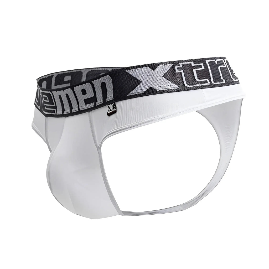 White xtremen 91208b microfiber briefs with black elastic waistband and gray xtreme branding and xp logo tag
