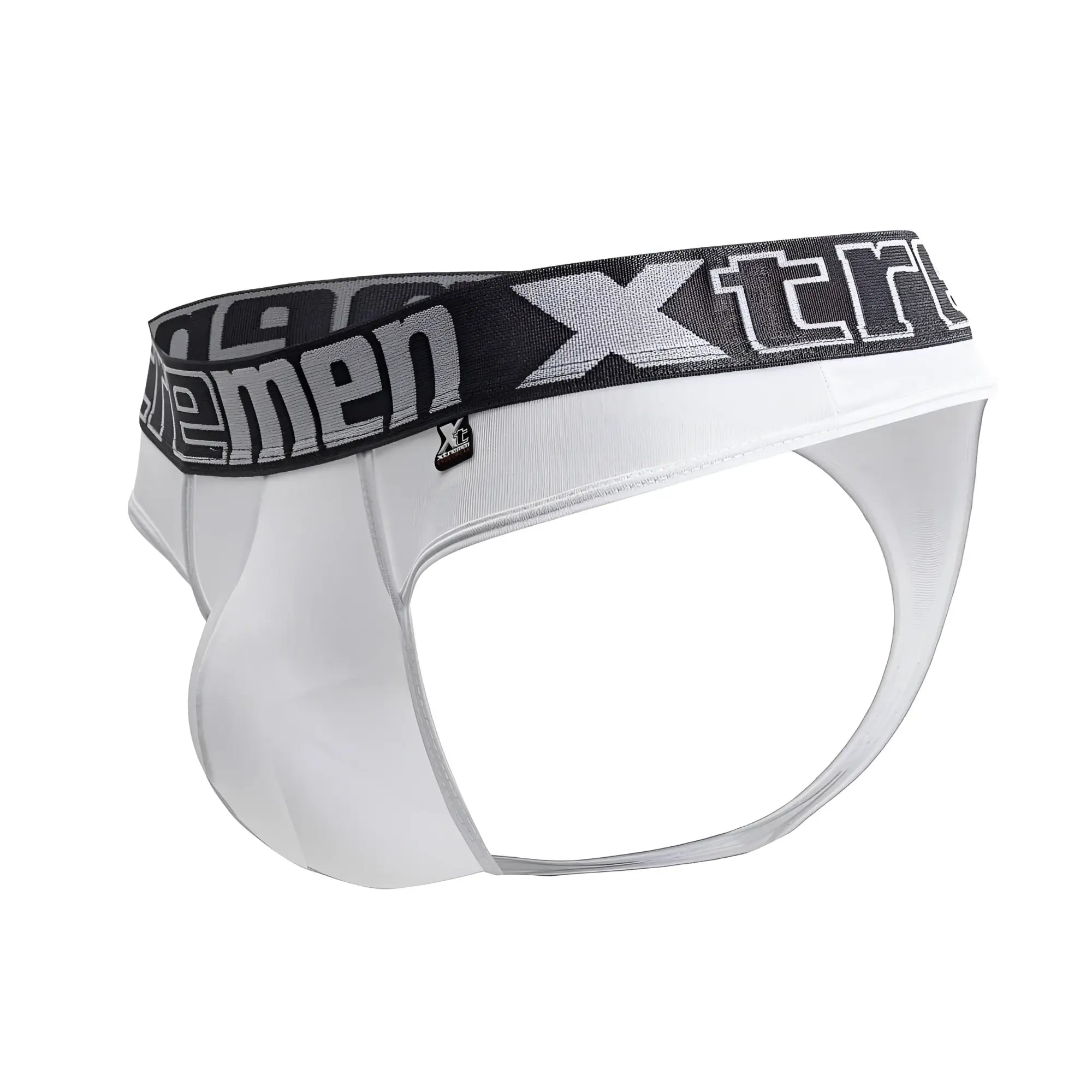 White xtremen 91208b microfiber briefs with black elastic waistband and gray xtreme branding and xp logo tag