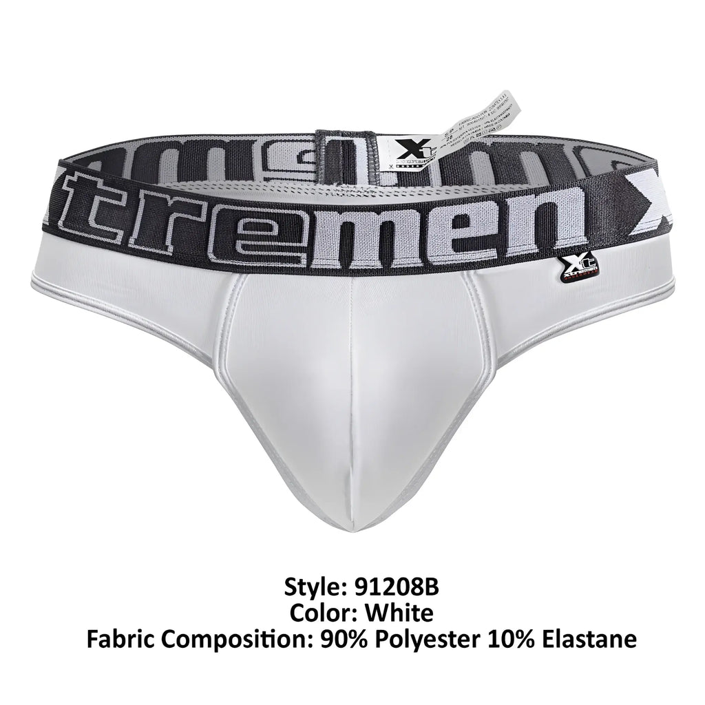 White mens microfiber briefs with black and gray elastic waistband featuring xtremen logo in bold lettering