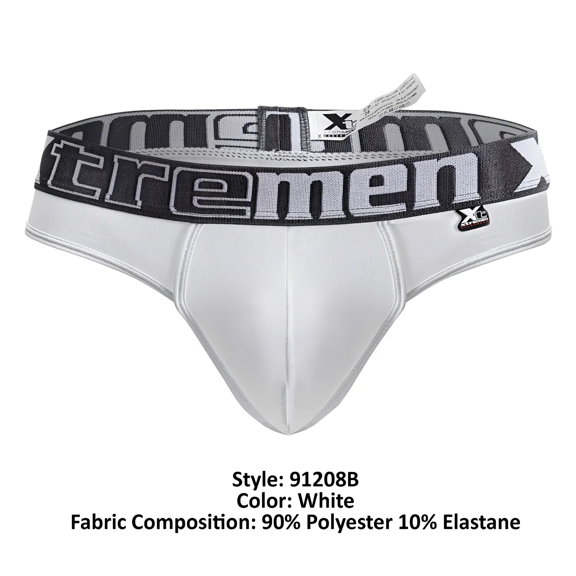 White mens microfiber briefs with black and gray elastic waistband featuring xtremen logo in bold lettering