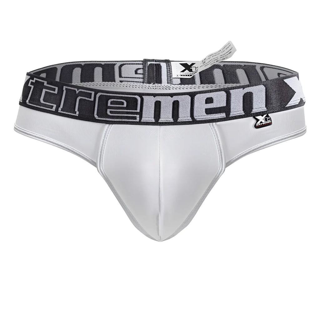 White mens microfiber briefs with a gray and black elastic waistband featuring the xtremen logo in bold lettering