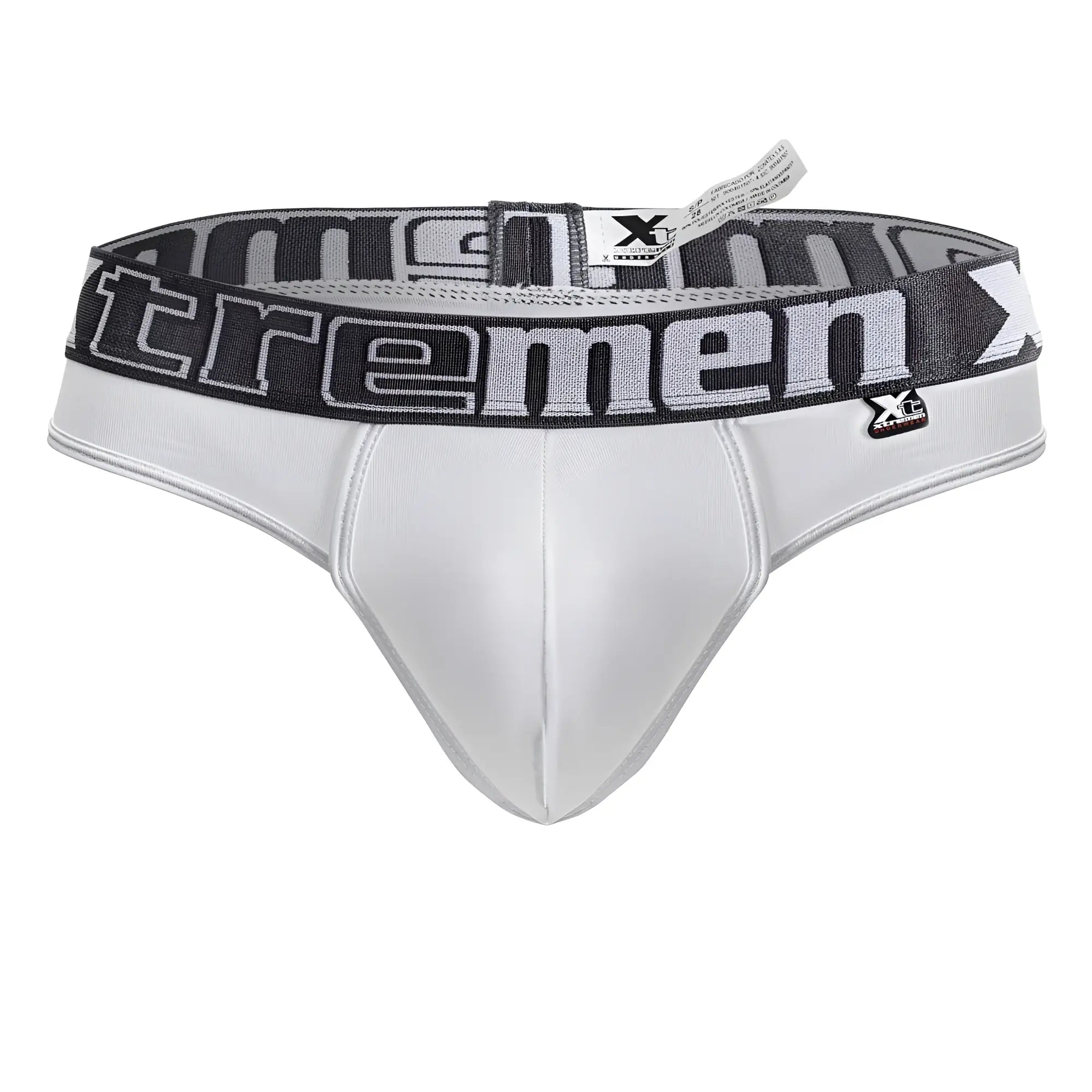 White mens microfiber briefs with a gray and black elastic waistband featuring the xtremen logo in bold lettering