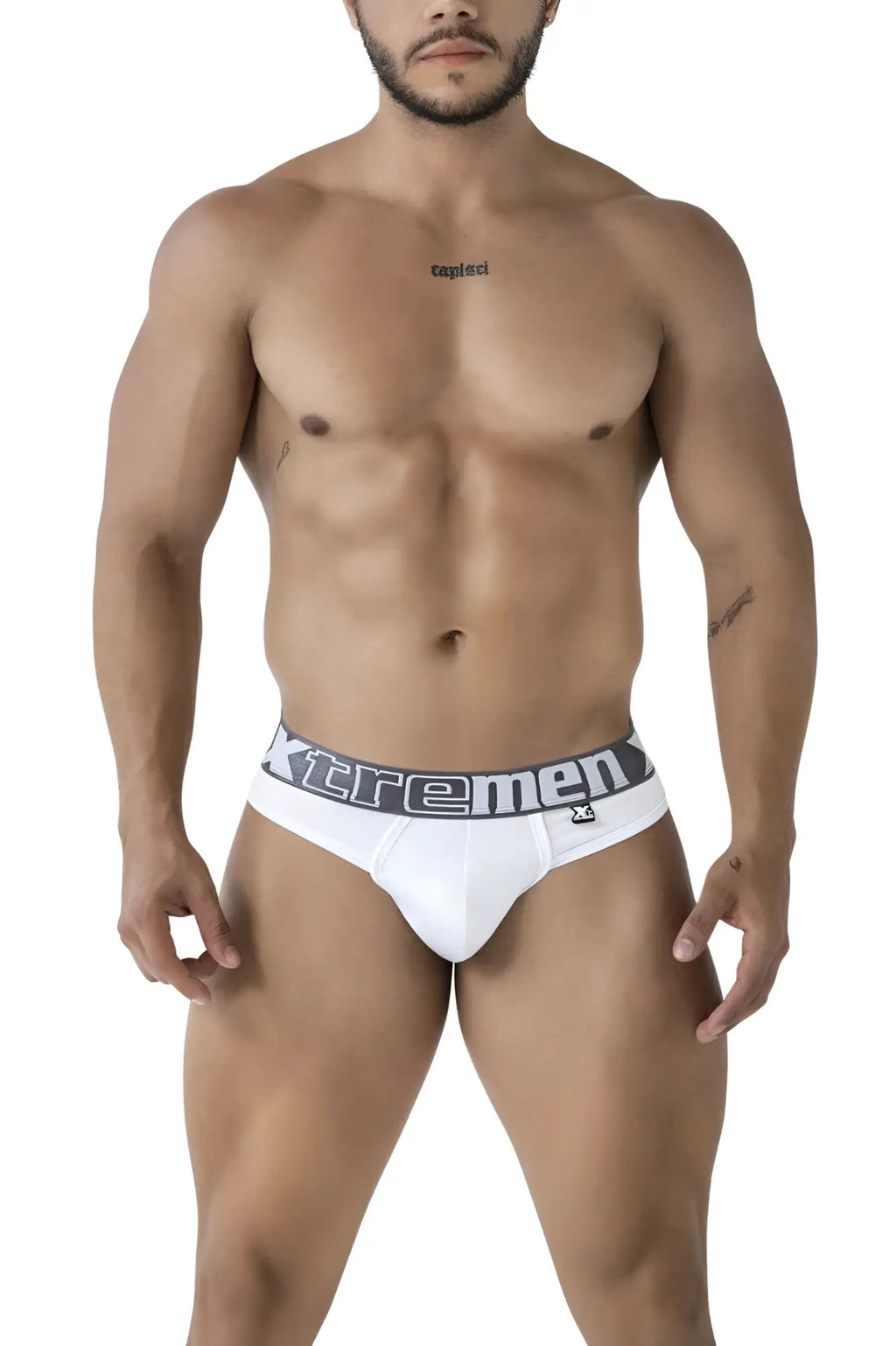 White xtremen 91208b microfiber briefs with gray elastic waistband and black xtremen logo lettering