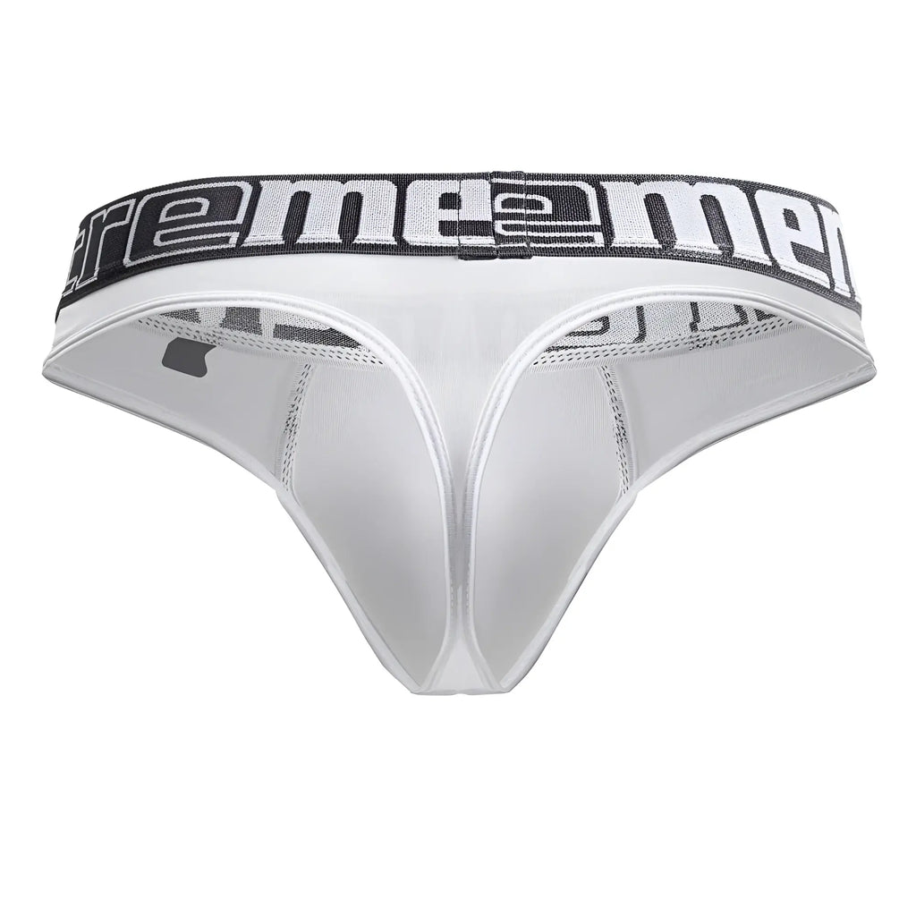 White xtremen 91208b microfiber men’s thong with black and white extreme men waistband shown from the back