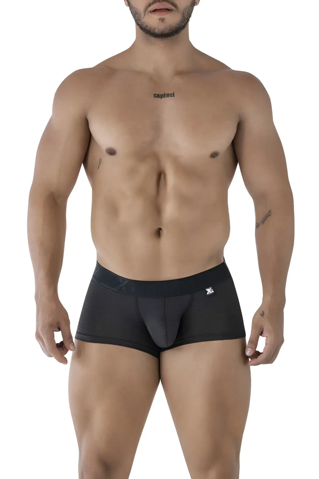 Black xtremen 91209b microfiber trunks featuring a contoured pouch elastic waistband and small white logo on front
