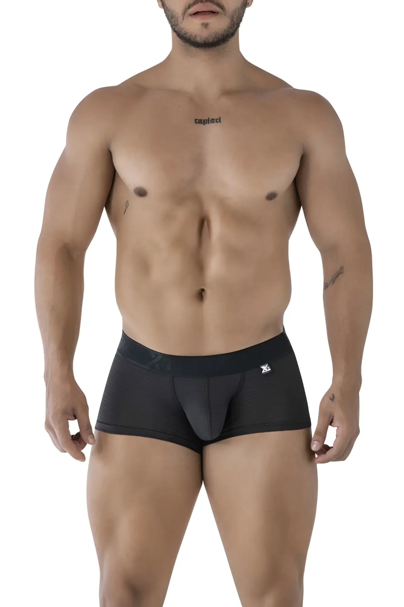 Black xtremen 91209b microfiber trunks featuring a contoured pouch elastic waistband and small white logo on front