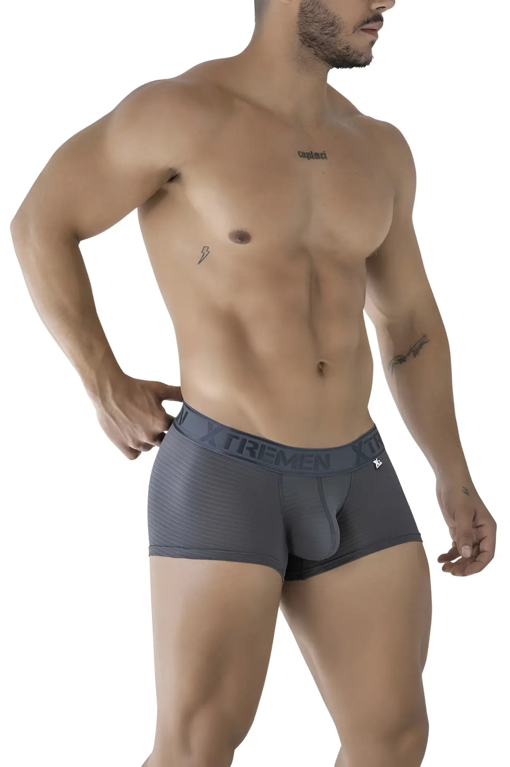 Dark gray xtremen 91209b microfiber trunks with form-fitting design and textured waistband featuring trememen branding