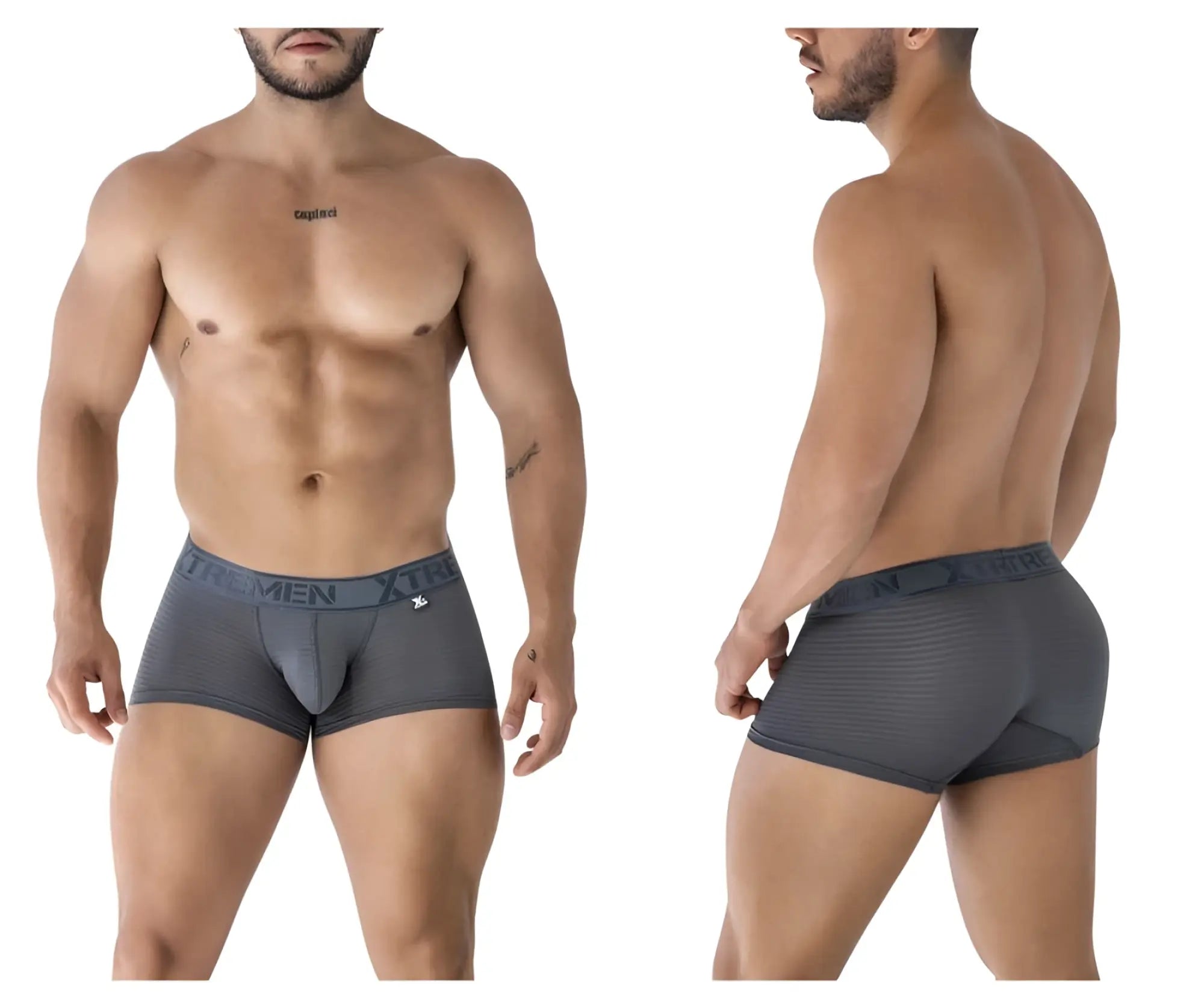 Gray xtremen 91209b microfiber men’s boxer briefs with textured waistband and the men xtr branding front logo