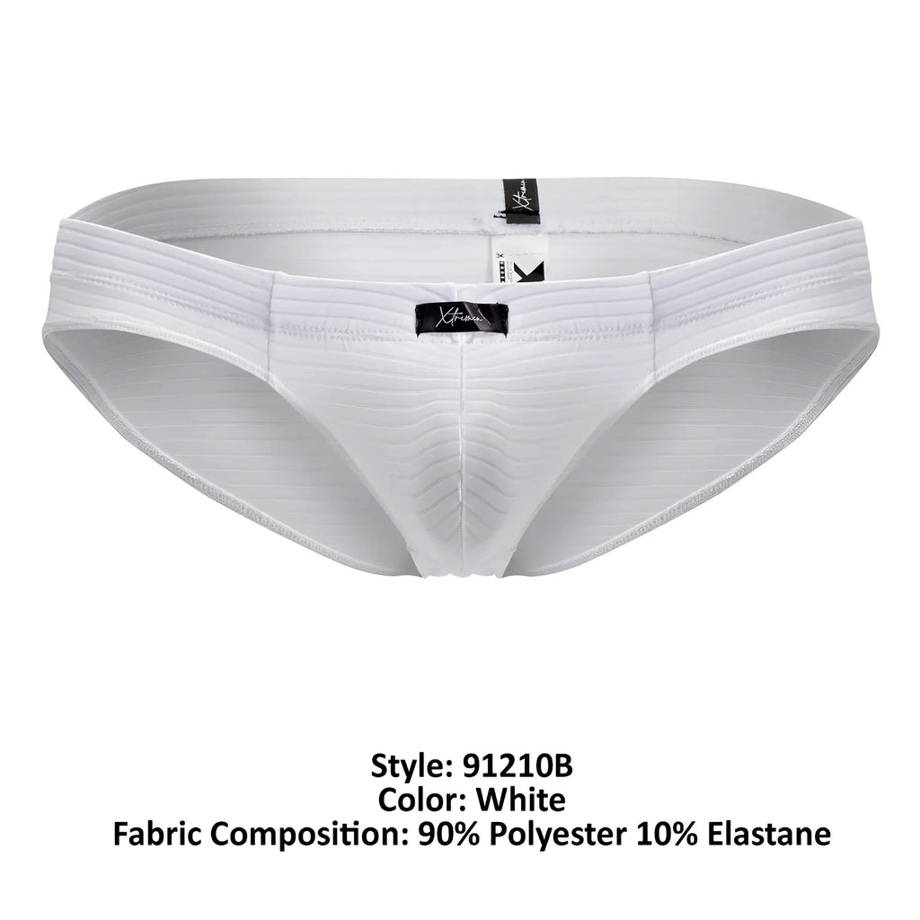 White xtremen 91210b microfiber briefs with ribbed texture and elastic waistband featuring brand label on front