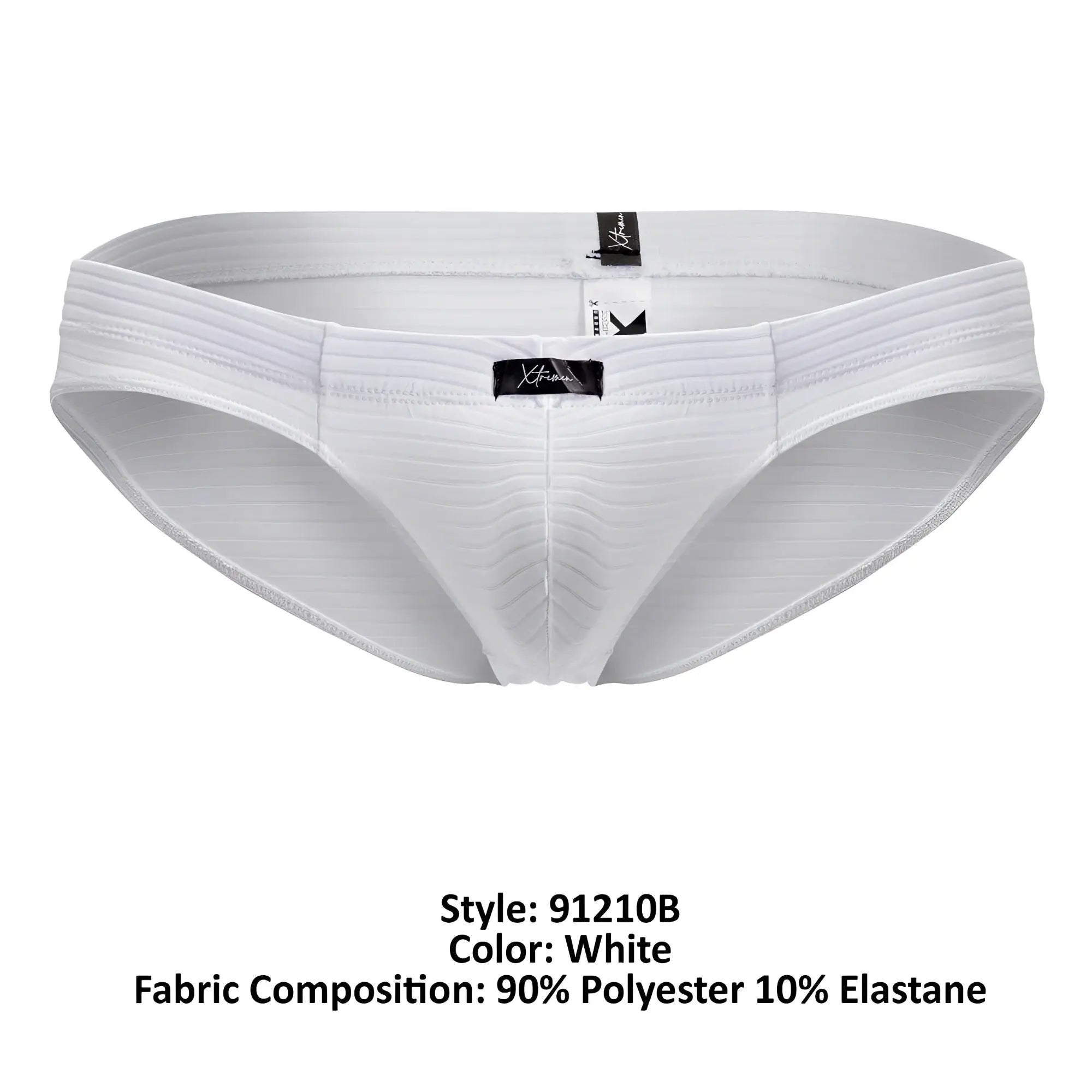 White xtremen 91210b microfiber briefs with ribbed texture and elastic waistband featuring brand label on front