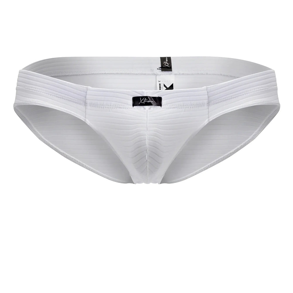 White xtremen 91210b microfiber briefs with ribbed cotton fabric and sleek contoured design featuring black brand tags