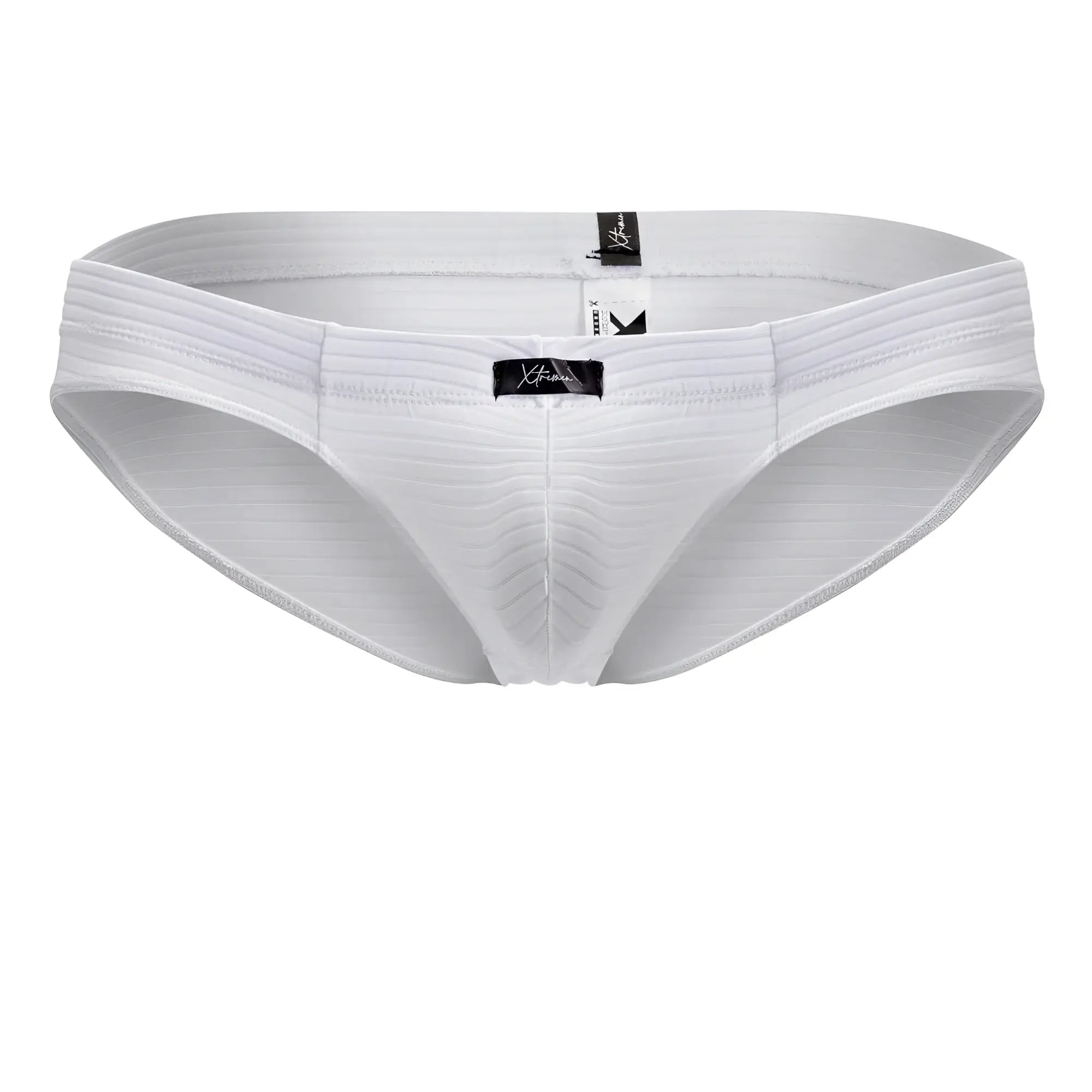 White xtremen 91210b microfiber briefs with ribbed cotton fabric and sleek contoured design featuring black brand tags