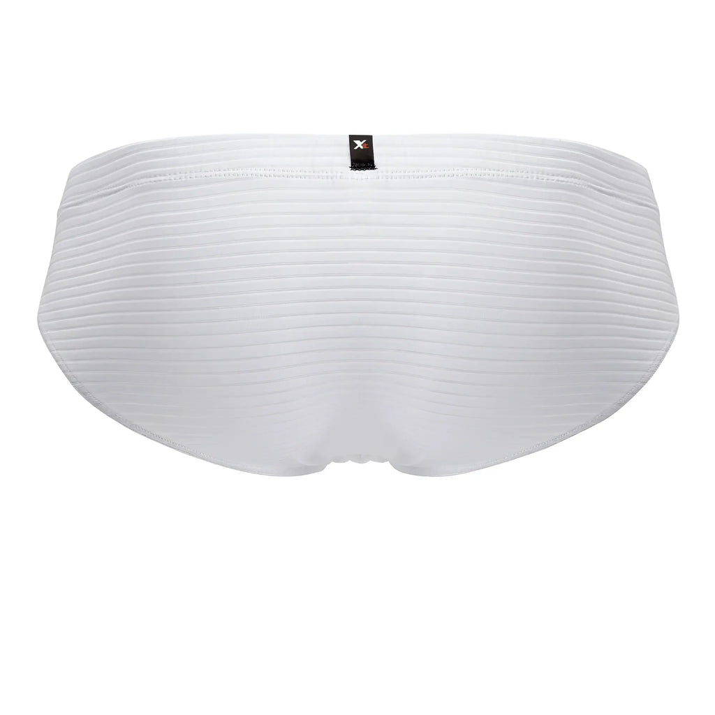 White xtremen 91210b microfiber briefs with ribbed texture and small black brand tag on waistband