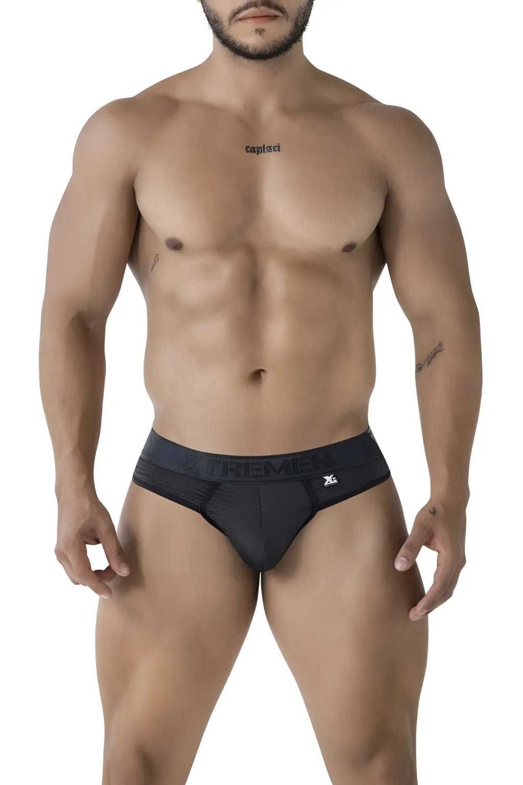 Black microfiber Xtremen 91211B thongs with dark gray waistband featuring Xtremen brand name and logo