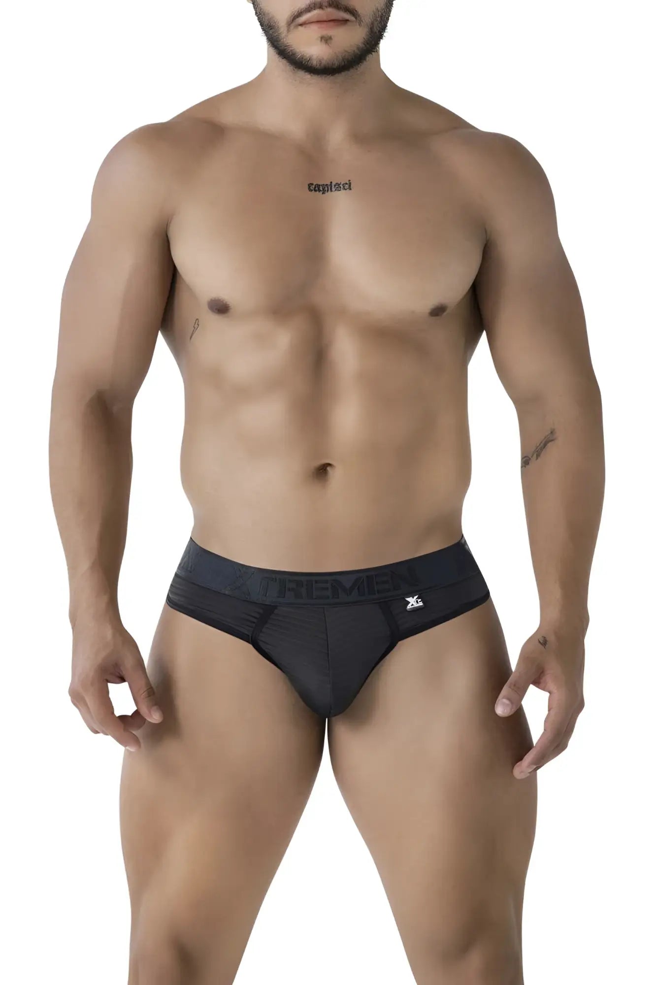 Black microfiber Xtremen 91211B thongs with dark gray waistband featuring Xtremen brand name and logo