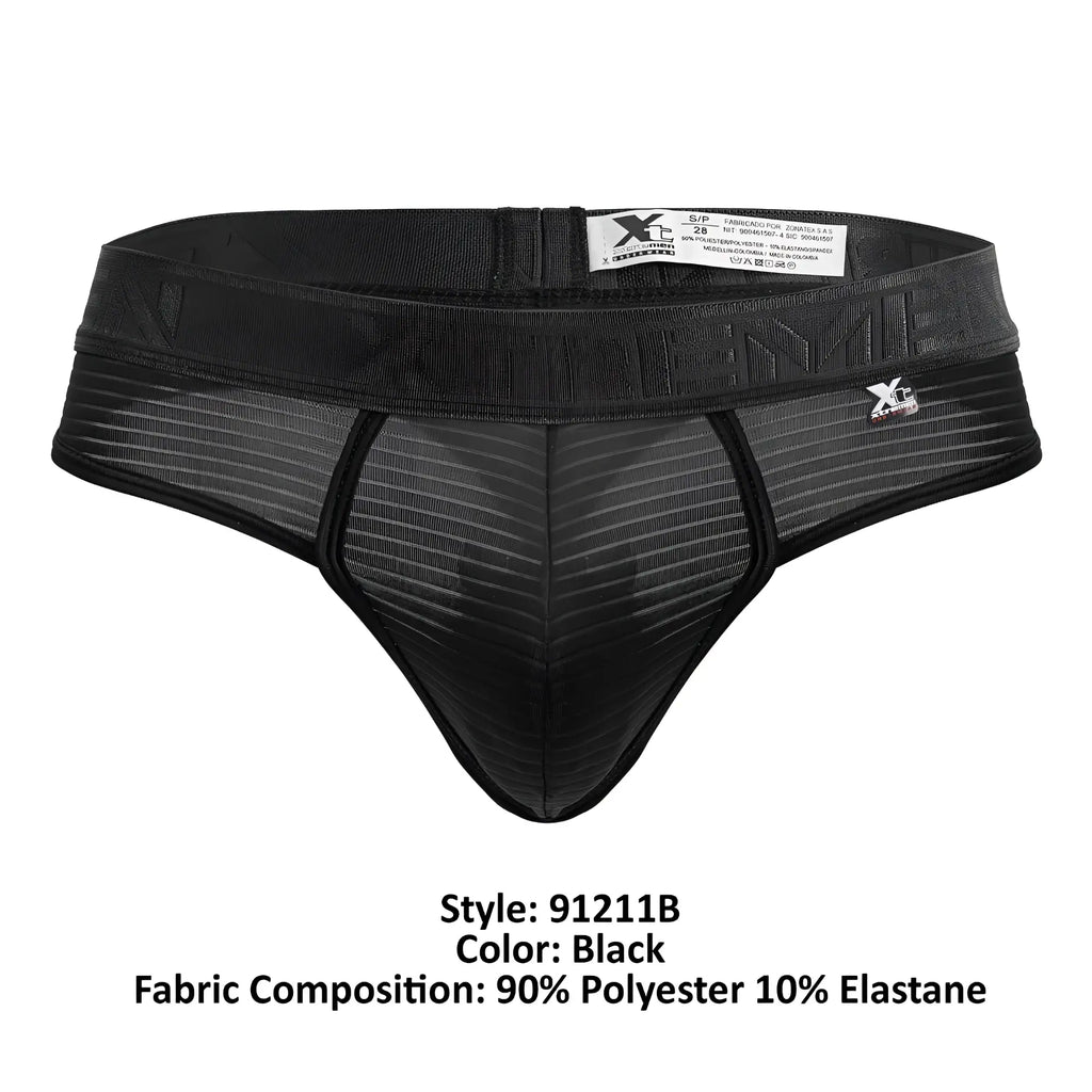 Black xtremen 91211b microfiber thongs with ribbed mesh design and elastic waistband featuring brand logo