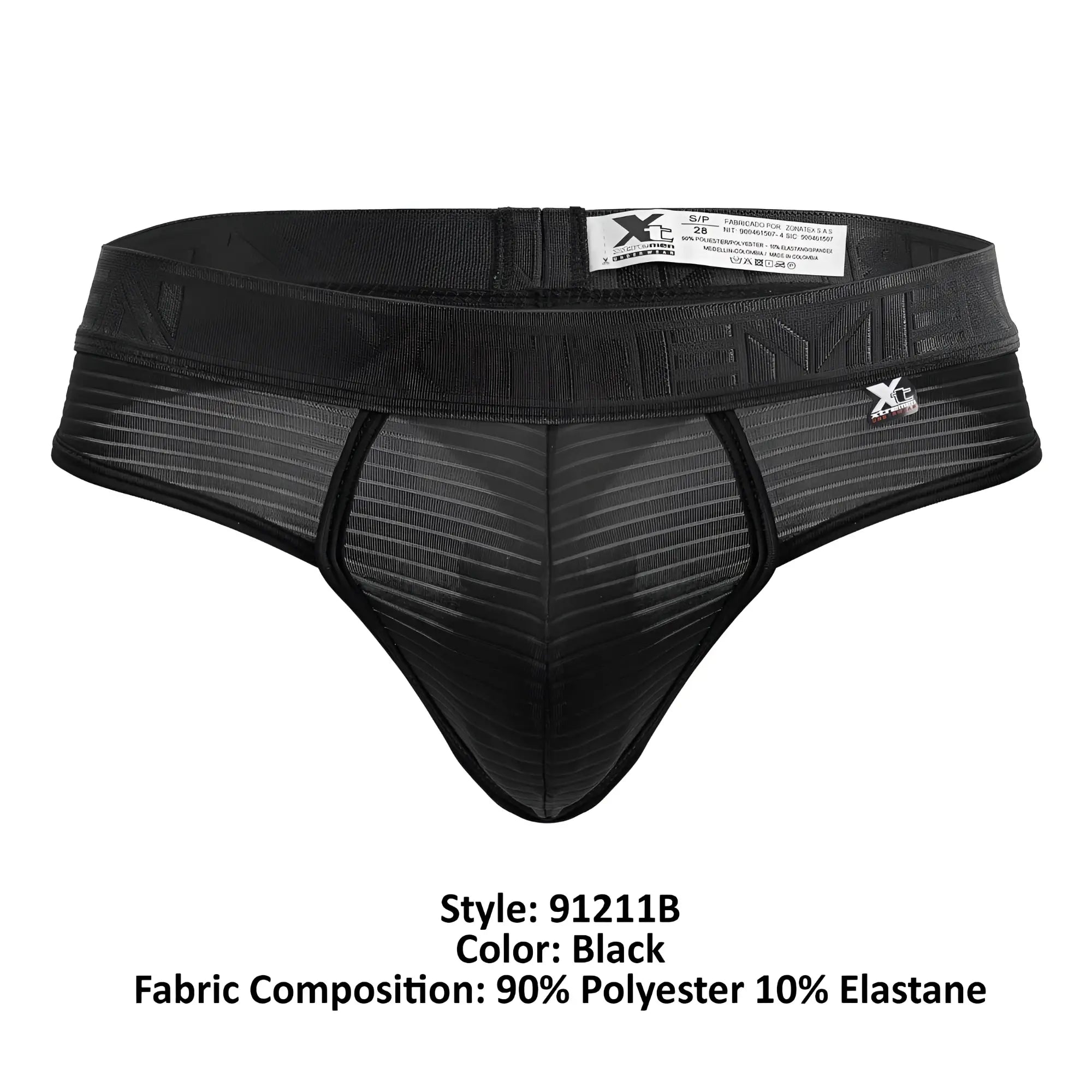 Black xtremen 91211b microfiber thongs with ribbed mesh design and elastic waistband featuring brand logo