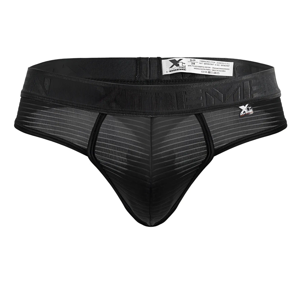 Black xtremen 91211b microfiber thong with ribbed mesh texture and elastic xc logo waistband shown from the back
