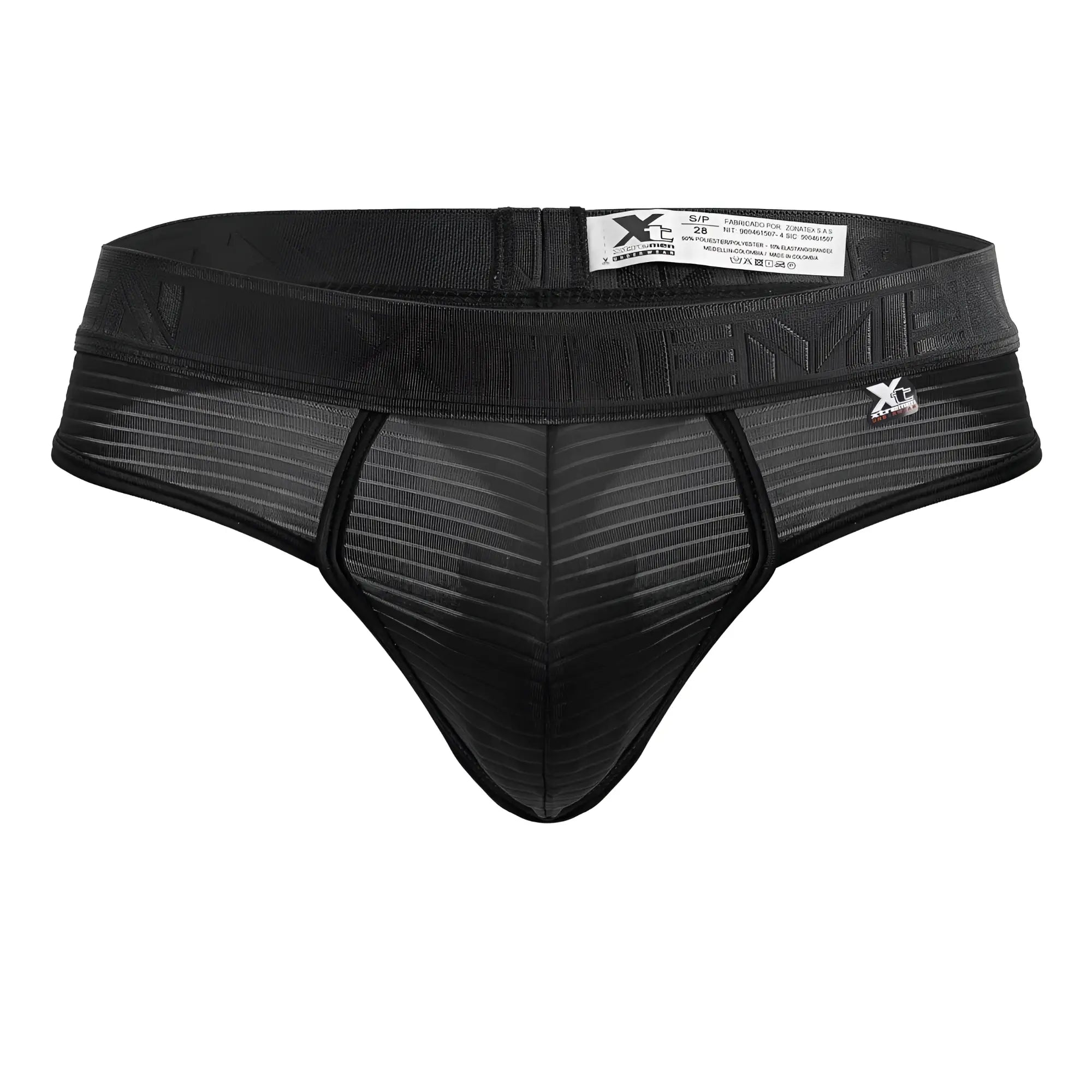 Black xtremen 91211b microfiber thong with ribbed mesh texture and elastic xc logo waistband shown from the back