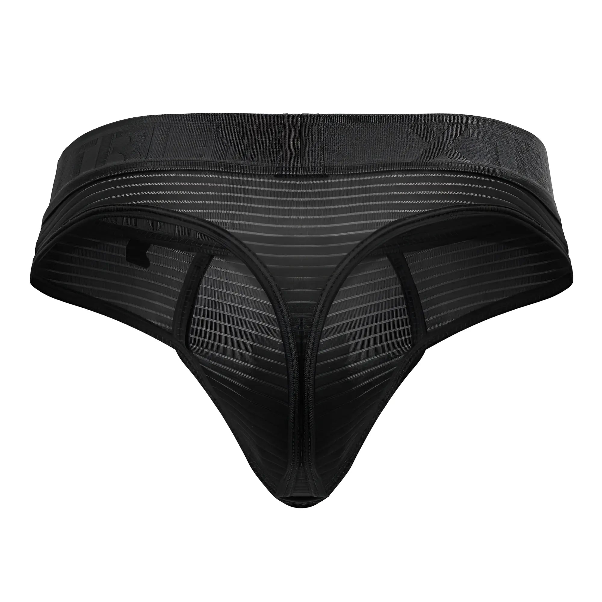 Black Xtremen 91211B microfiber thong with a striped mesh pattern and elastic waistband shown from the back side