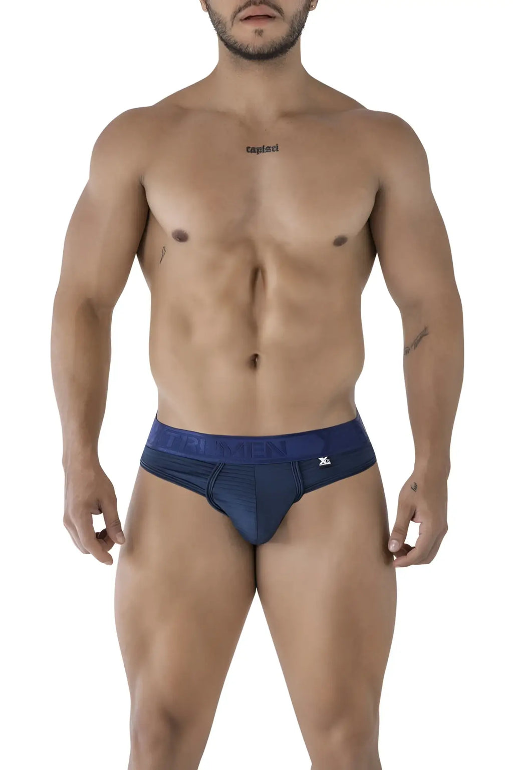 Navy blue men’s microfiber briefs with a darker navy waistband featuring the brand name and logo xtremen 91211b