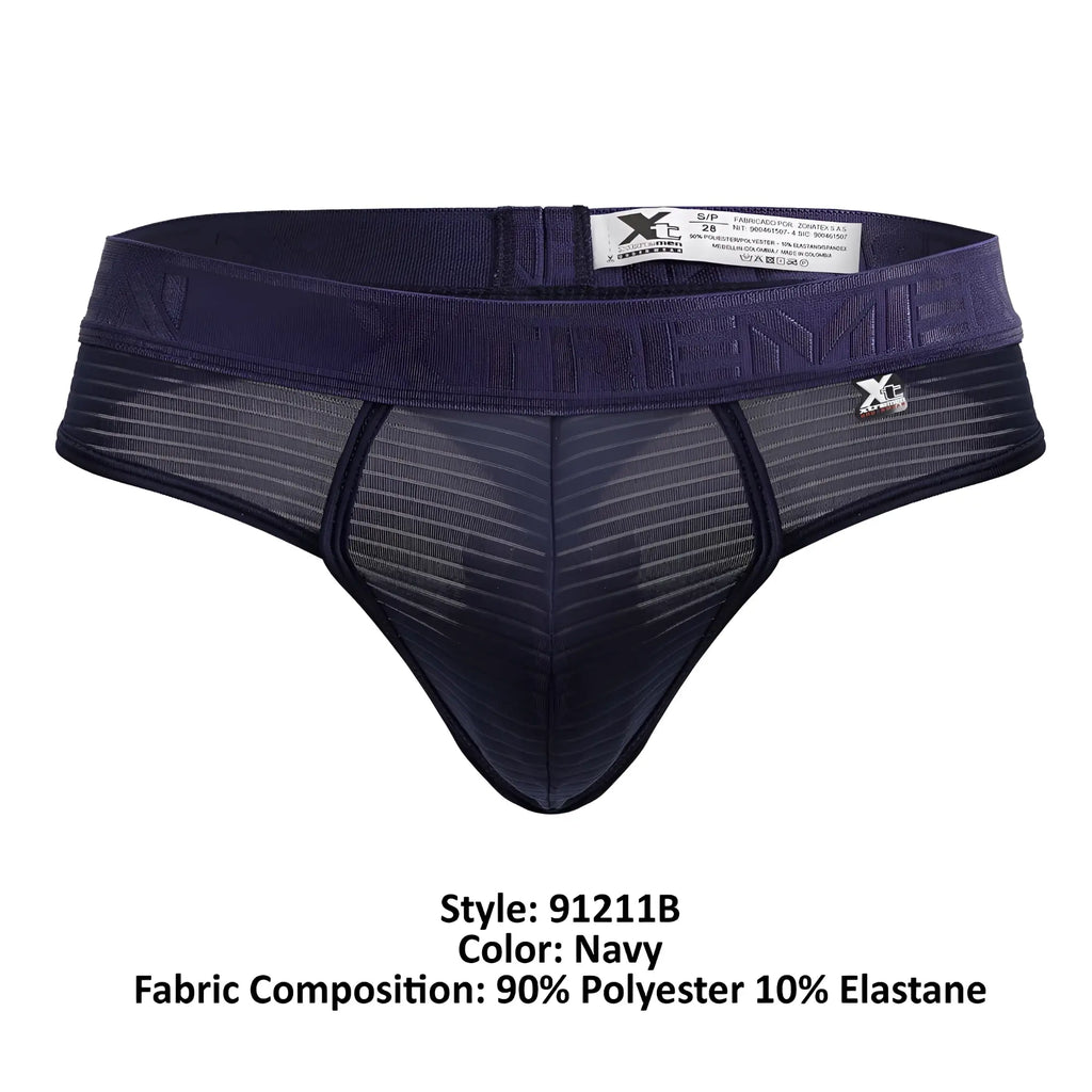 Navy microfiber men’s thong with mesh front panel elastic waistband and xg brand logo side from Xtremen 91211B