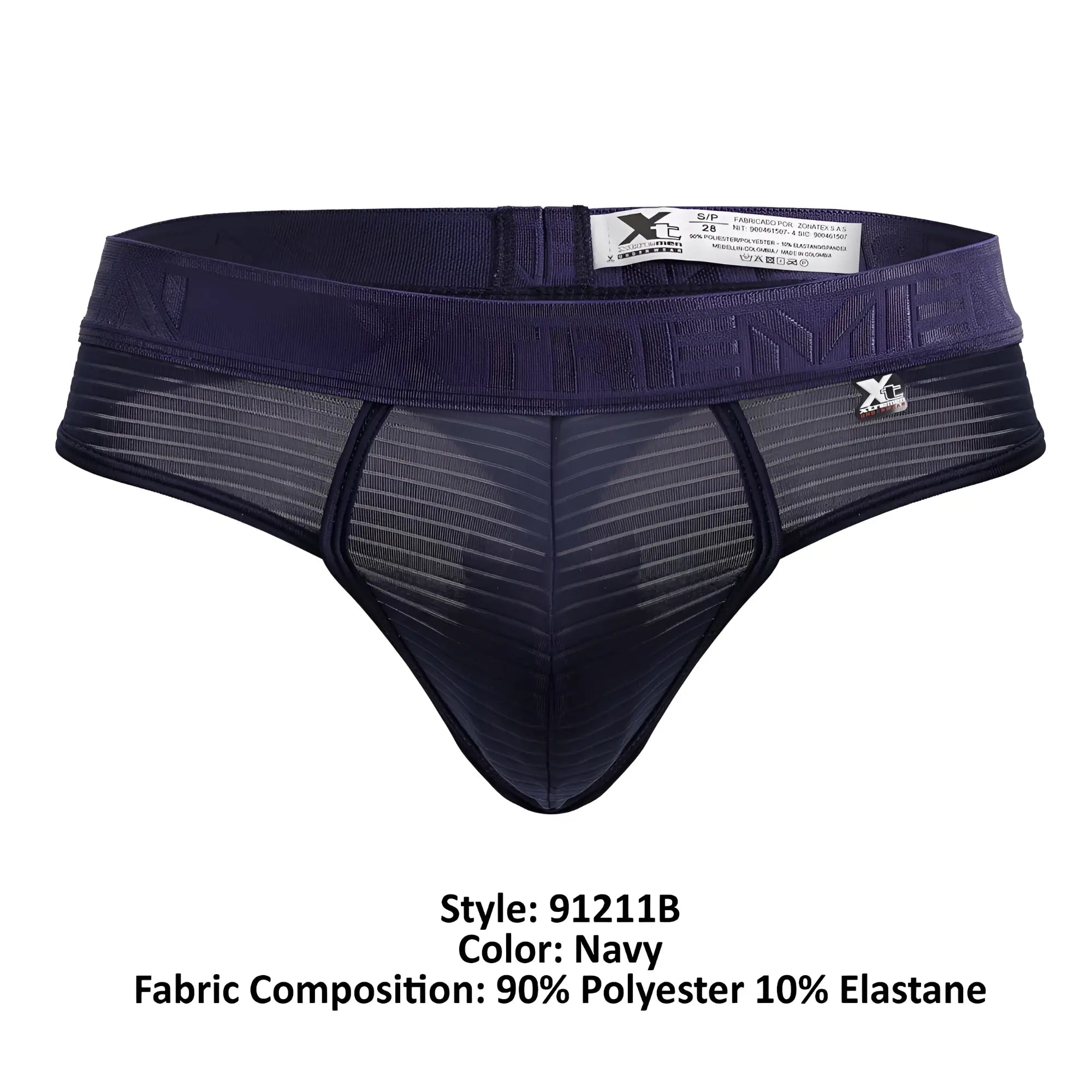 Navy microfiber men’s thong with mesh front panel elastic waistband and xg brand logo side from Xtremen 91211B