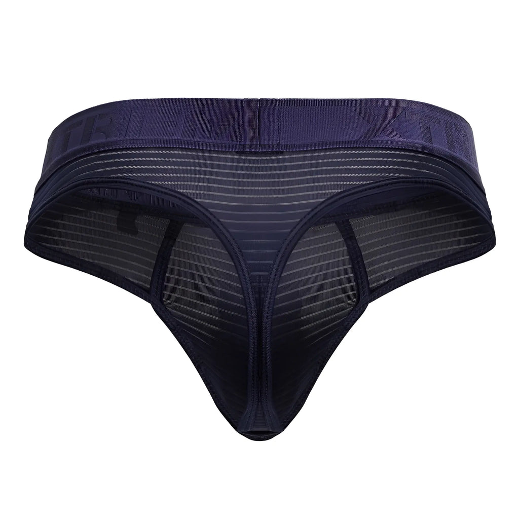 Dark blue navy xtremen 91211b microfiber thong with mesh fabric solid waistband and subtle vertical stripes front view
