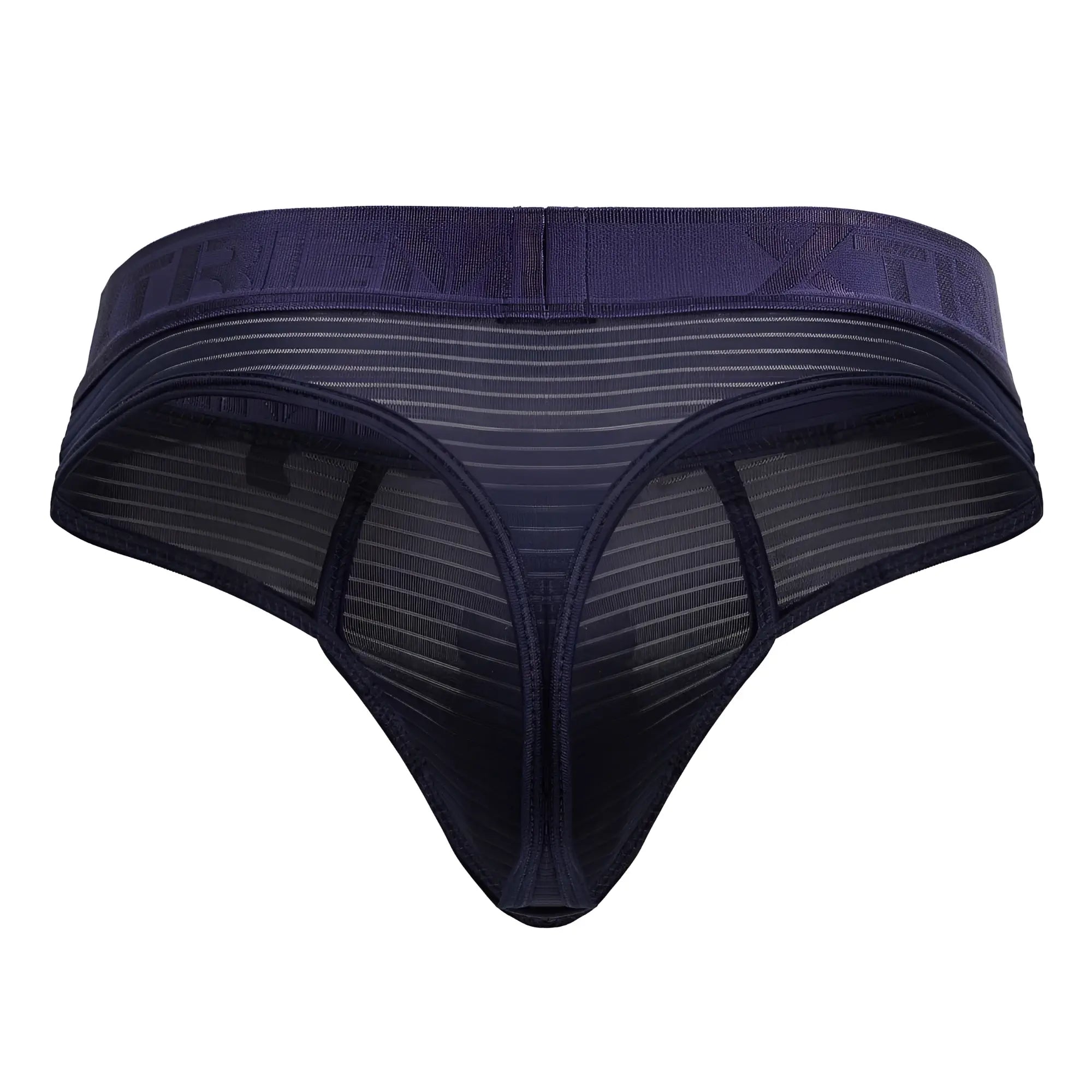 Dark blue navy xtremen 91211b microfiber thong with mesh fabric solid waistband and subtle vertical stripes front view