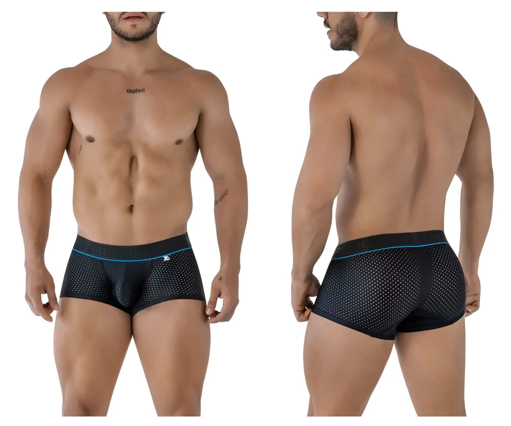 Xtremen 91212b black microfiber trunks with black mesh briefs and blue trim featuring brand logo waistband